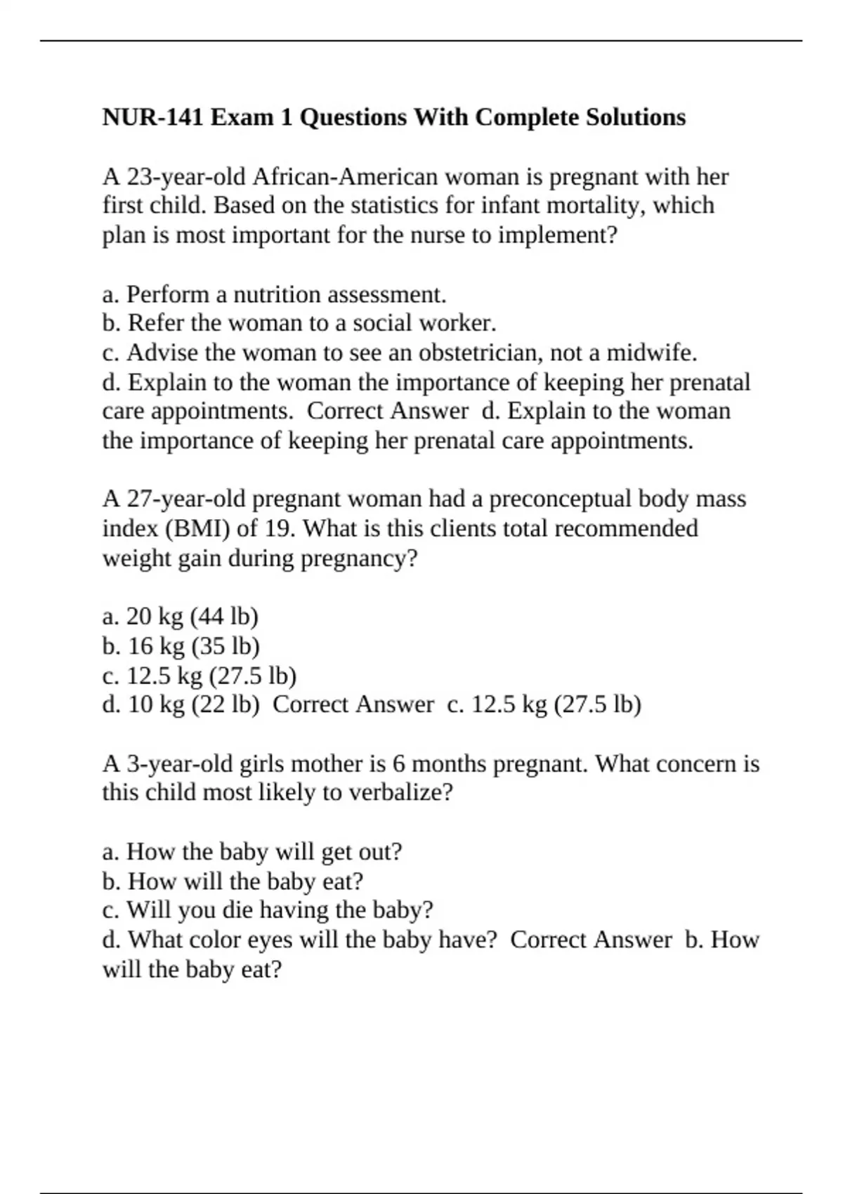 nur 141 Moraine Valley Community College -NUR-141 Exam 1 Questions With ...