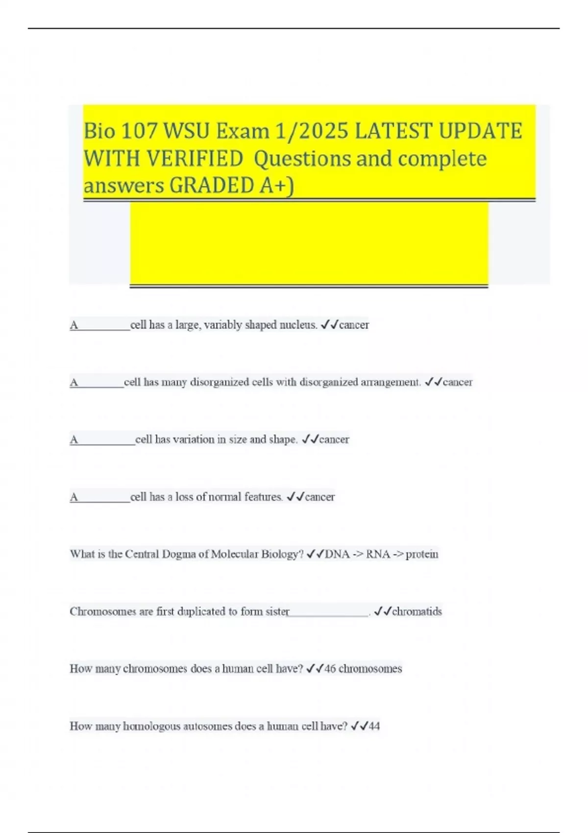 Bio 107 WSU Exam 1/2025 LATEST UPDATE WITH VERIFIED Questions and ...