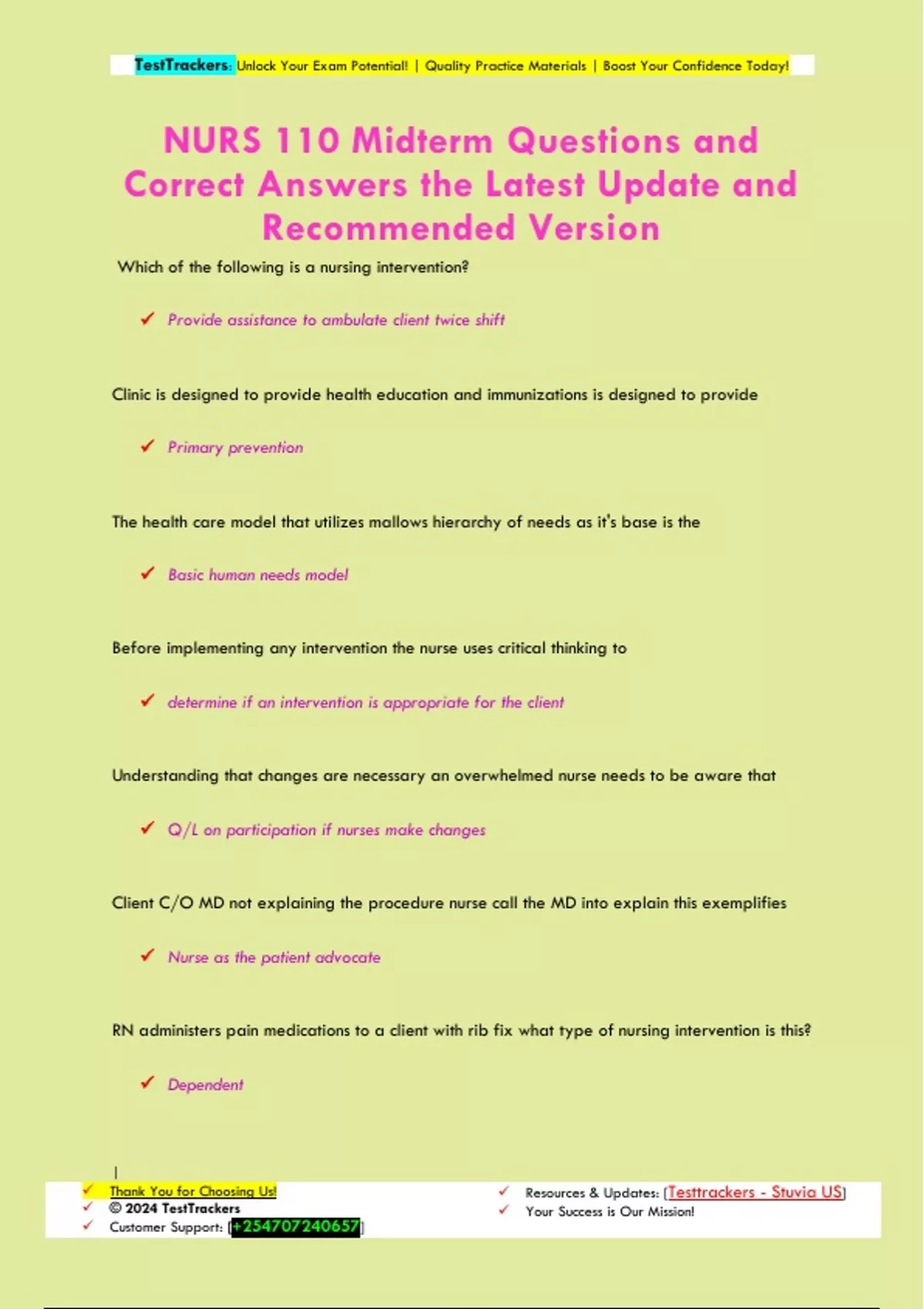 NURS 110 Midterm Questions and Correct Answers the Latest Update and ...