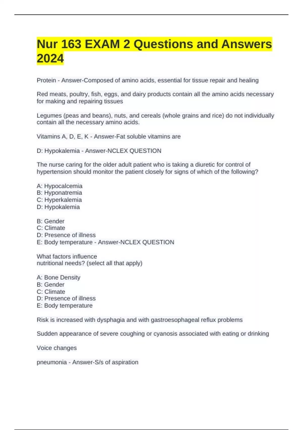 Nur 163 EXAM 2 Questions and Answers 2024 - NUR 163 - Stuvia US