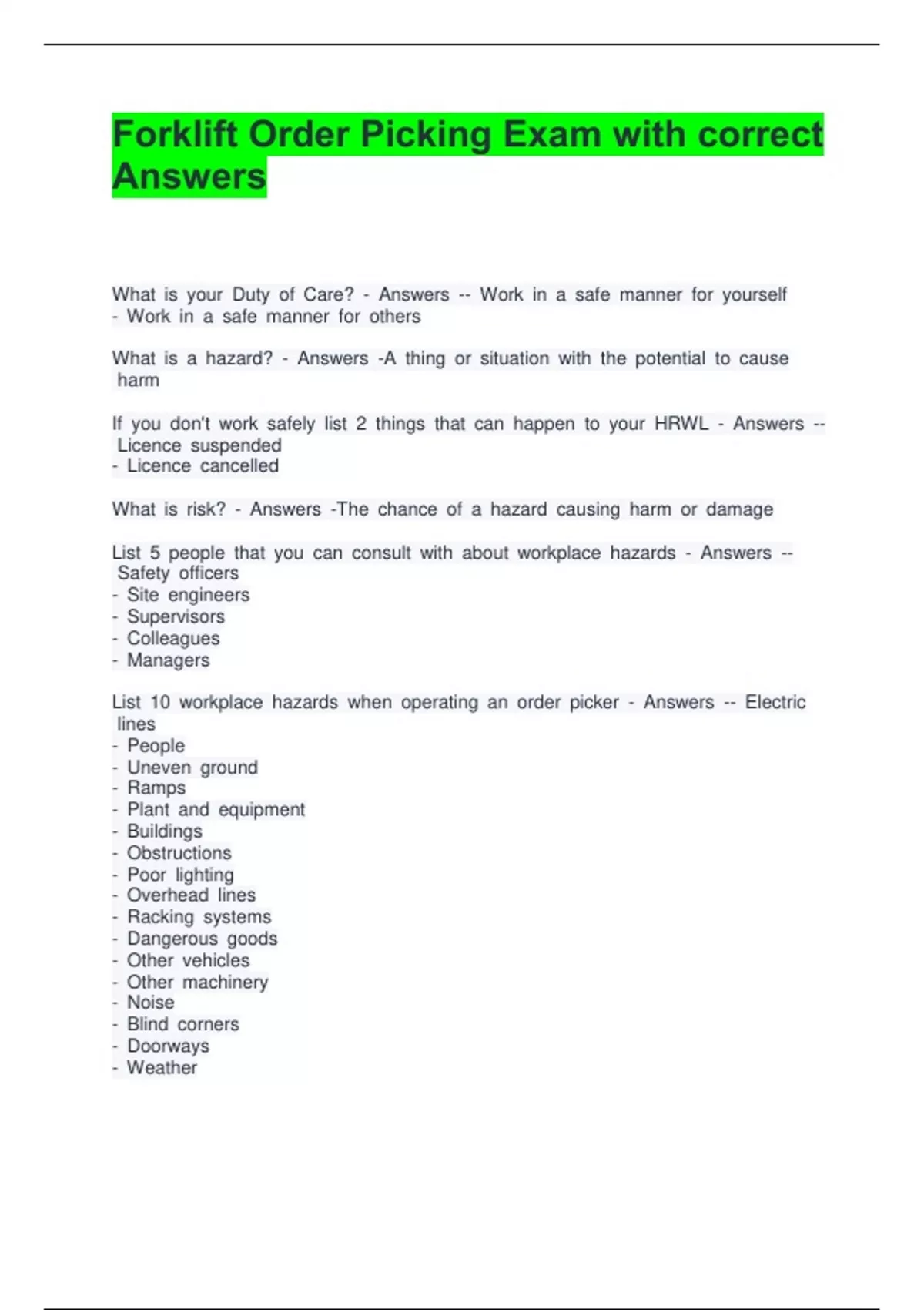 Forklift Order Picking Exam with correct Answers - Forklift - Stuvia US