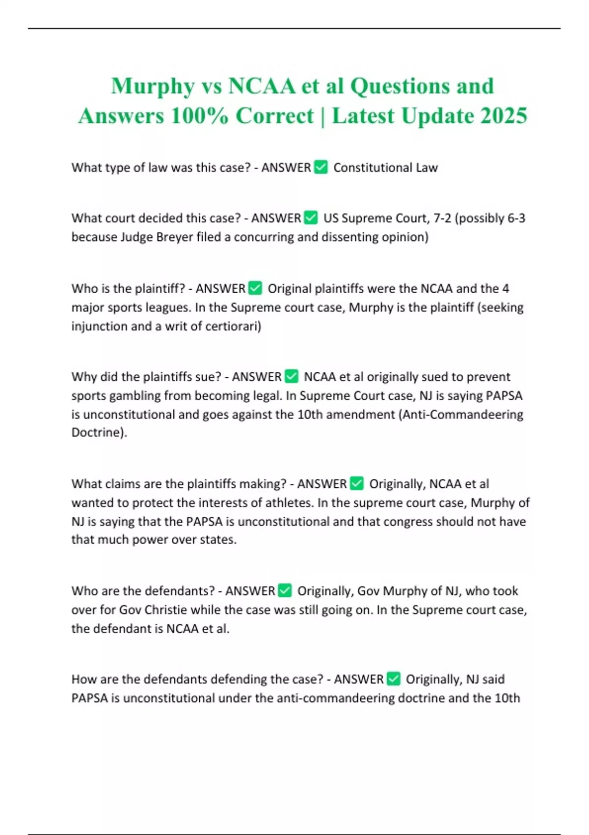 Murphy Question Tree Murphy vs NCAA et al Questions and Answers 100% Correct | Latest Update ...