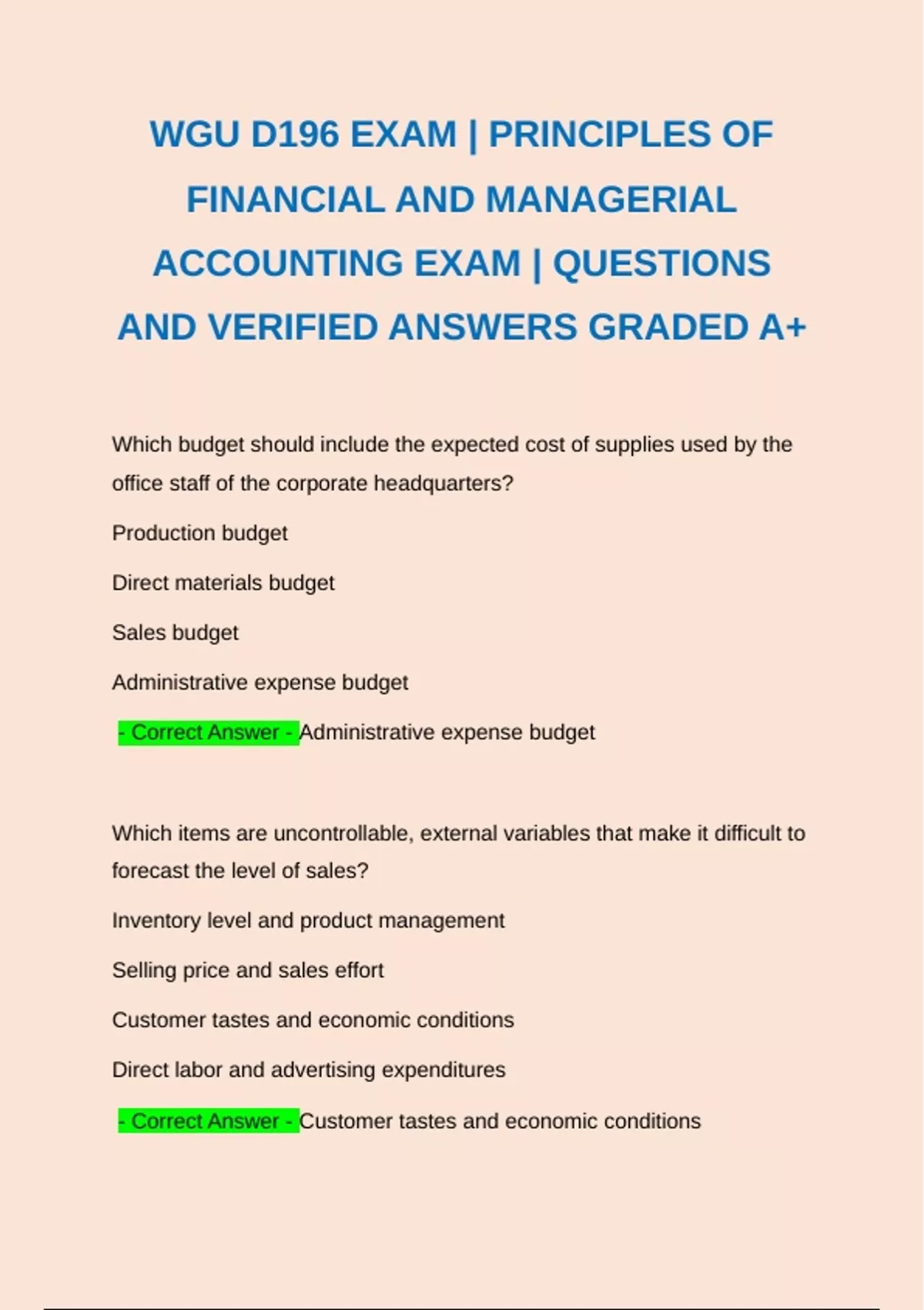 WGU D196 EXAM | PRINCIPLES OF FINANCIAL AND MANAGERIAL ACCOUNTING EXAM ...