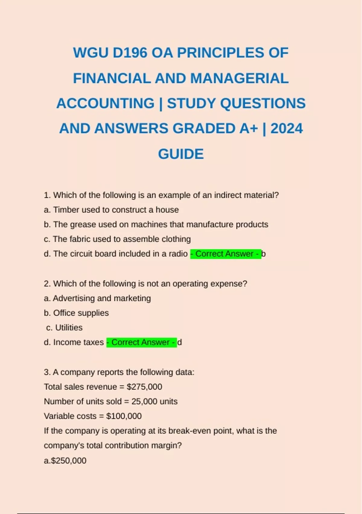 WGU D196 OA PRINCIPLES OF FINANCIAL AND MANAGERIAL ACCOUNTING | STUDY ...