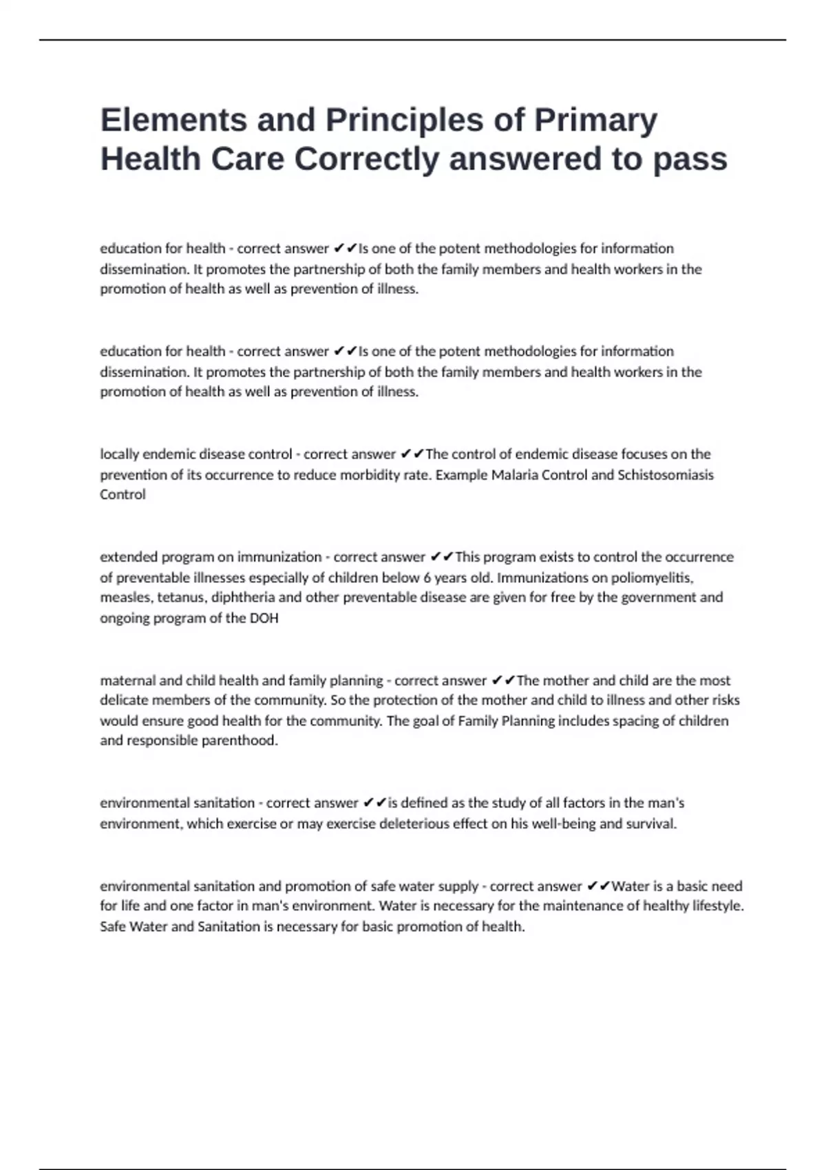 Elements and Principles of Primary Health Care Correctly answered to ...