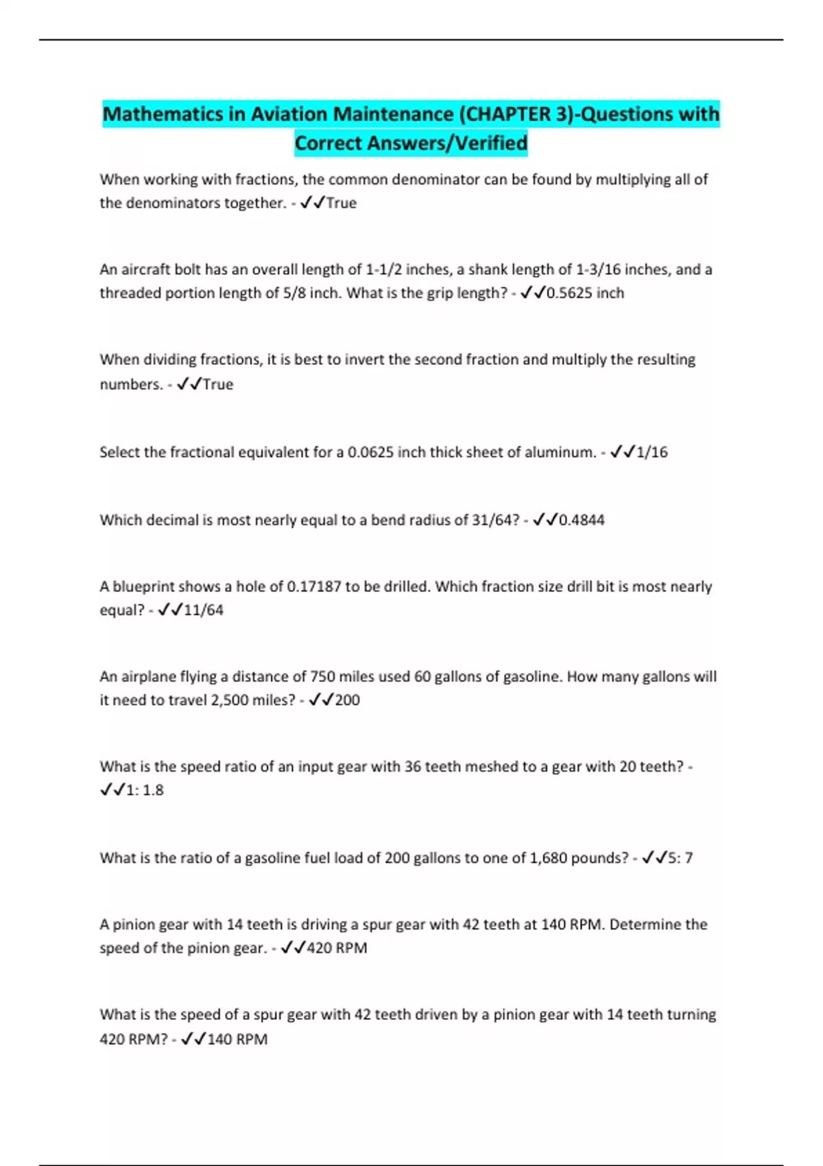 Math In Aviation Mathematics in Aviation Maintenance (CHAPTER 3)-Questions with Correct ...