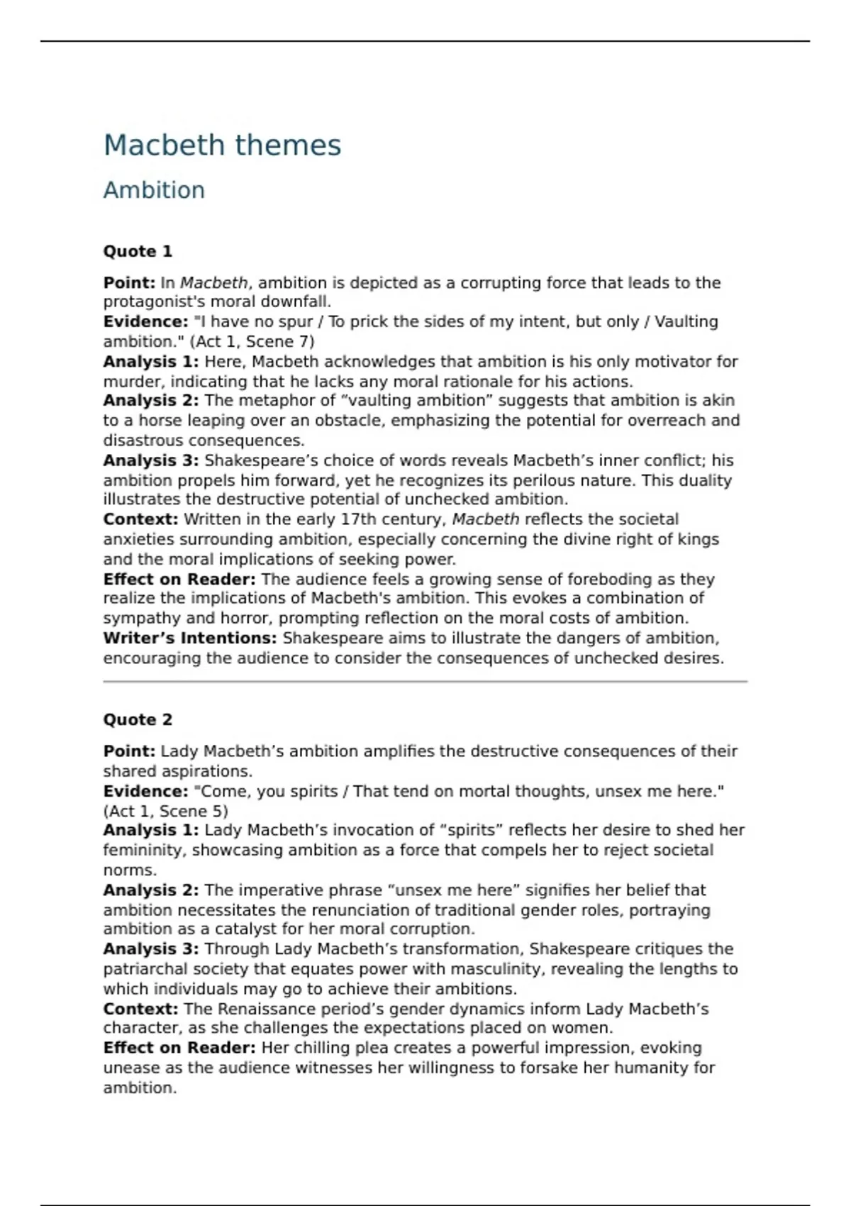 Grade 9 Macbeth themes analysis - English - Stuvia UK