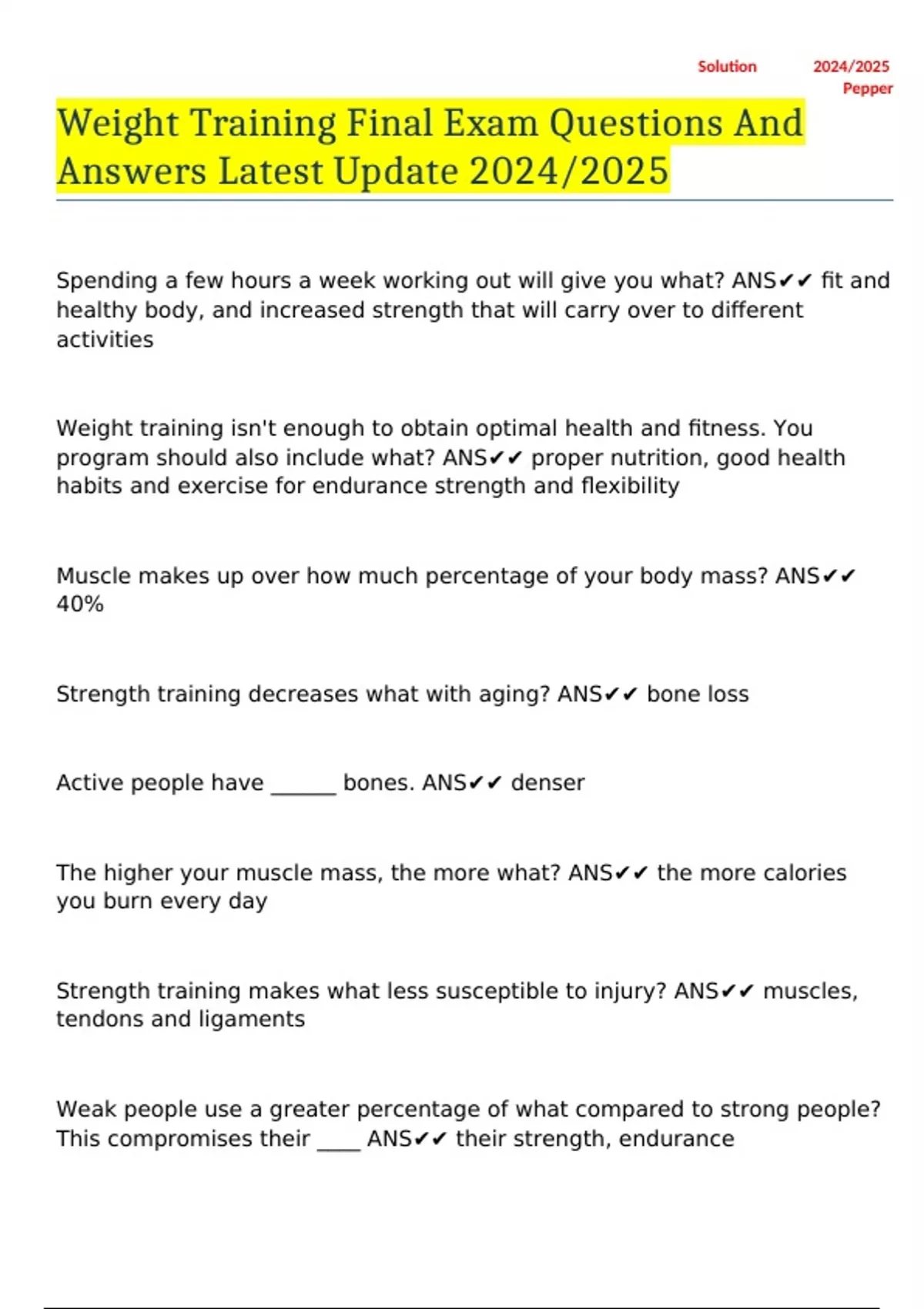 Weight Training Final Exam Questions And Answers Latest Update 2024/