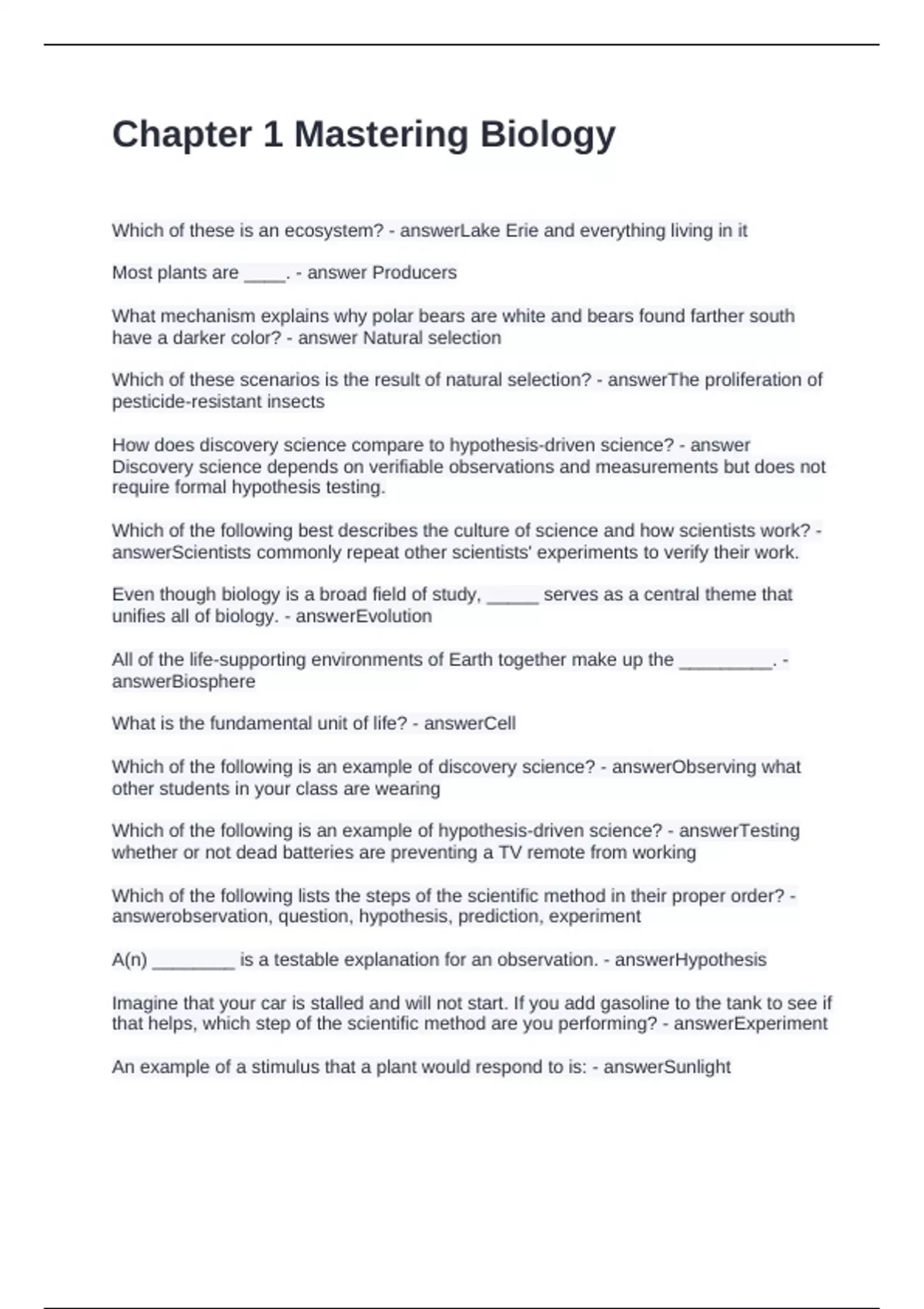 Chapter 1 Mastering Biology Questions and Answers 2024 - Mastering ...