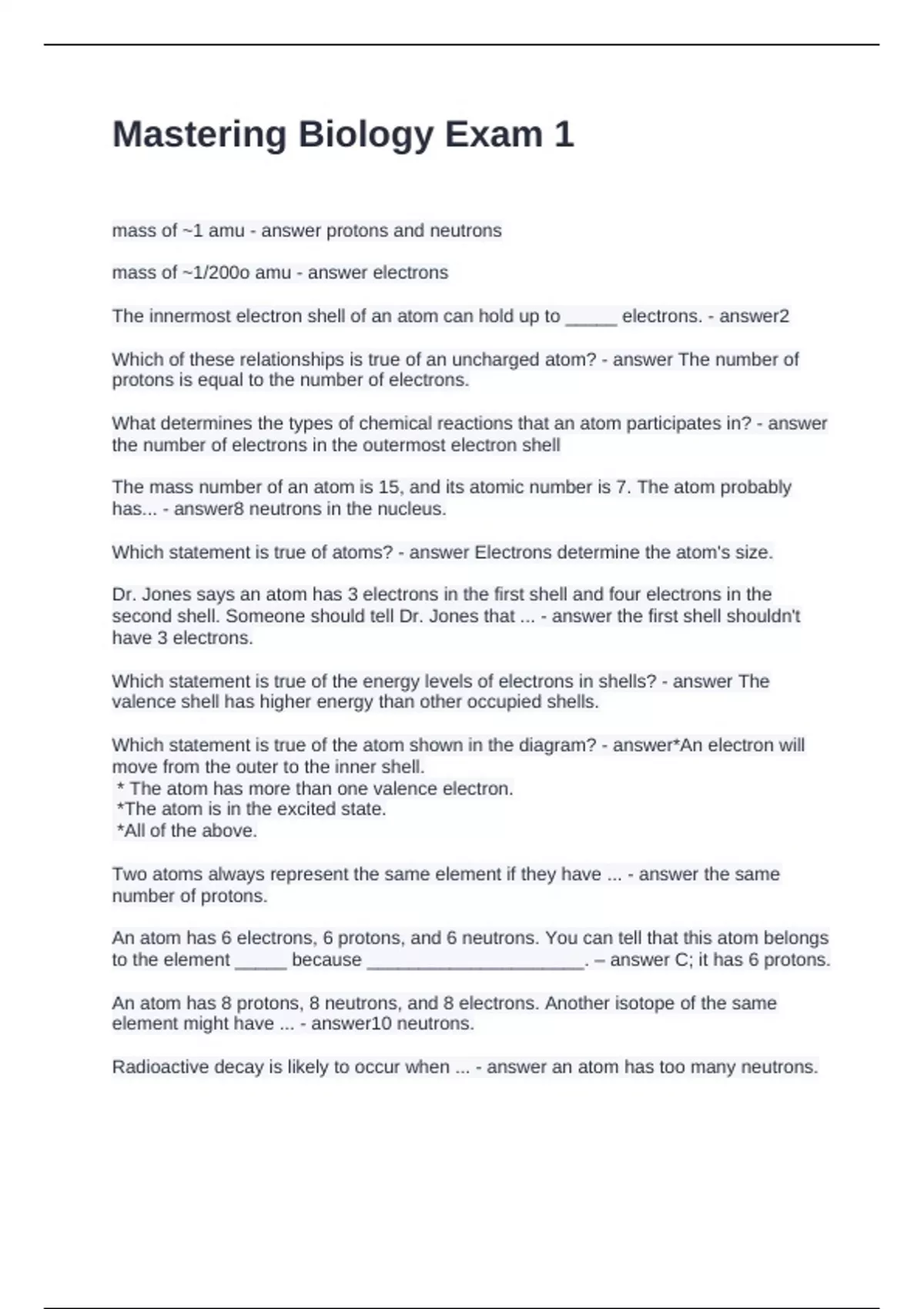 Mastering Biology Exam 1 Questions and Answers Fully Solved - Mastering ...