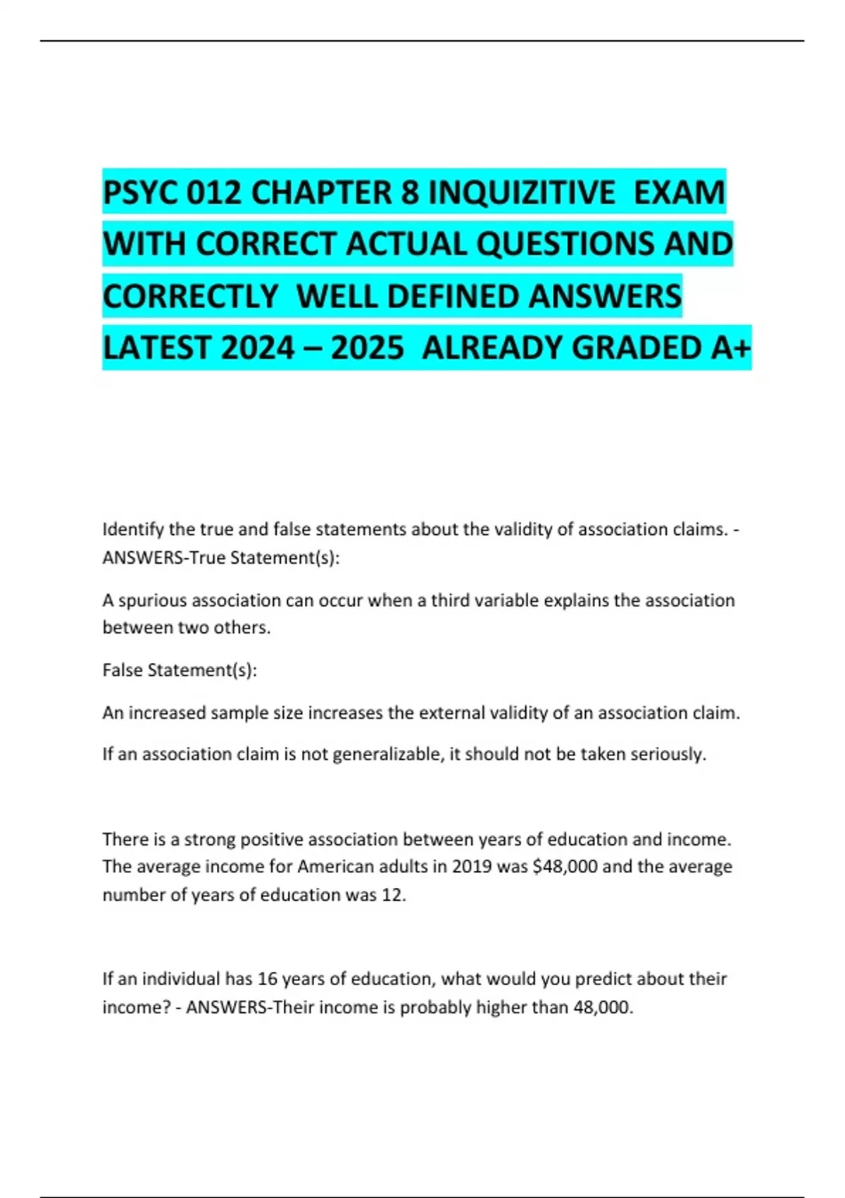 PSYC 012 CHAPTER 8 INQUIZITIVE EXAM WITH CORRECT ACTUAL QUESTIONS AND ...