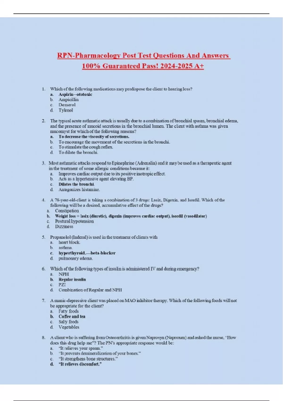 RPN-Pharmacology Post Test Questions And Answers 100% Guaranteed Pass ...