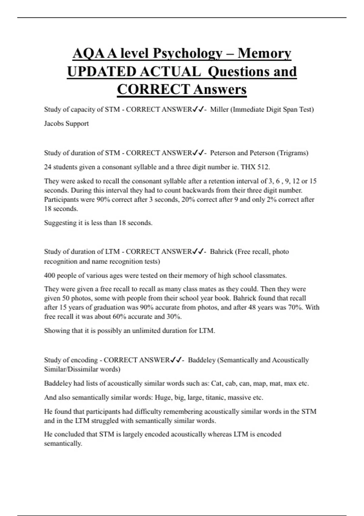 AQA A level Psychology – Memory UPDATED ACTUAL Questions and CORRECT ...