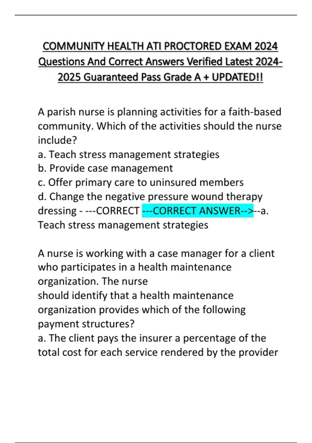 COMMUNITY HEALTH ATI PROCTORED EXAM 2024 Questions And Correct Answers ...