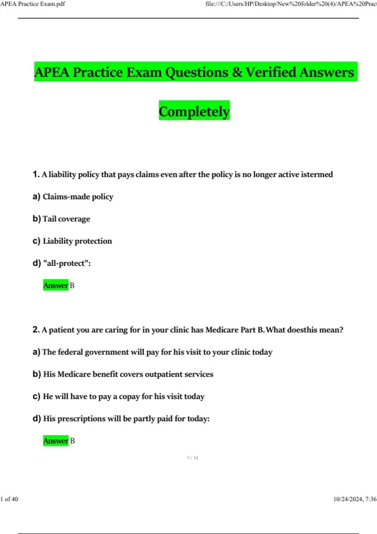 APEA Practice Exam Questions and Verified Answers (2024 / 2025) 100% ...