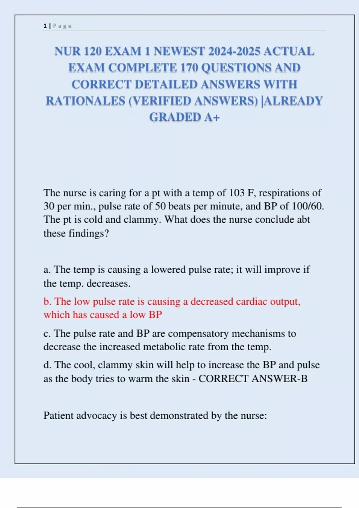 NUR 120 EXAM 1 NEWEST ACTUAL EXAM COMPLETE 170 QUESTIONS AND CORRECT ...