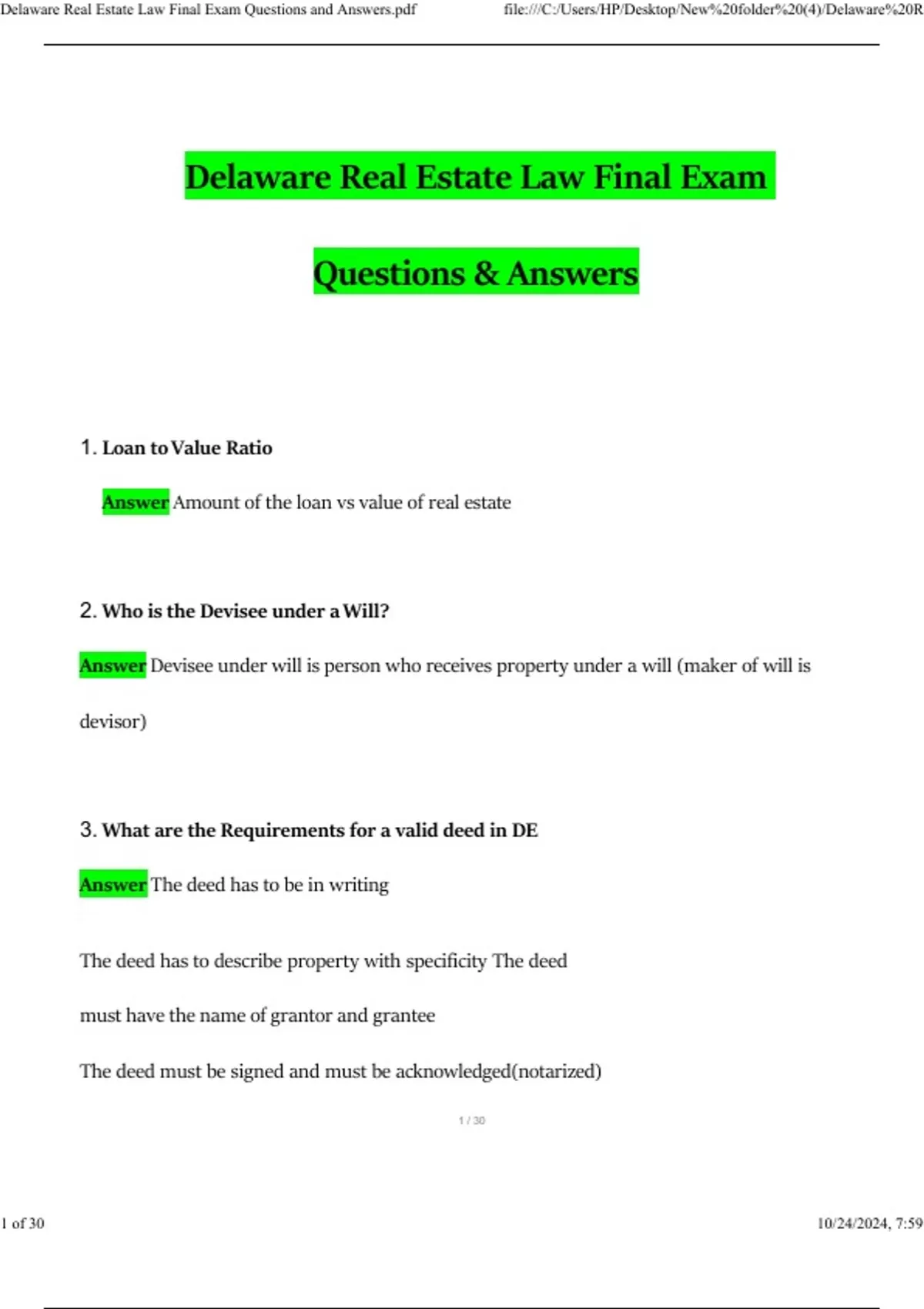 Delaware Real Estate Law Final Exam 2024 Questions and Verified Answers ...