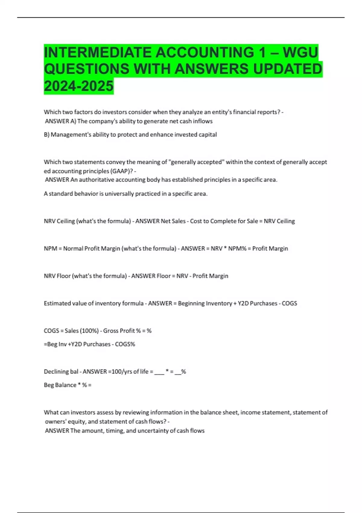 INTERMEDIATE ACCOUNTING 1 – WGU QUESTIONS WITH ANSWERS UPDATED ...