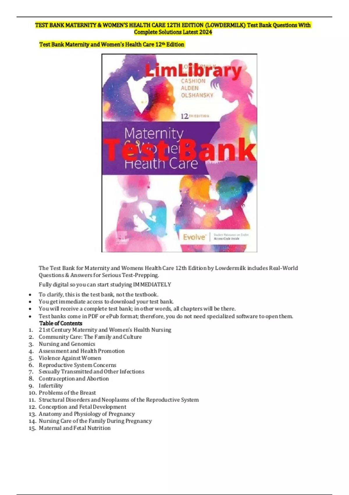 Maternity And Women's Health Care 12th Edition Test Bank