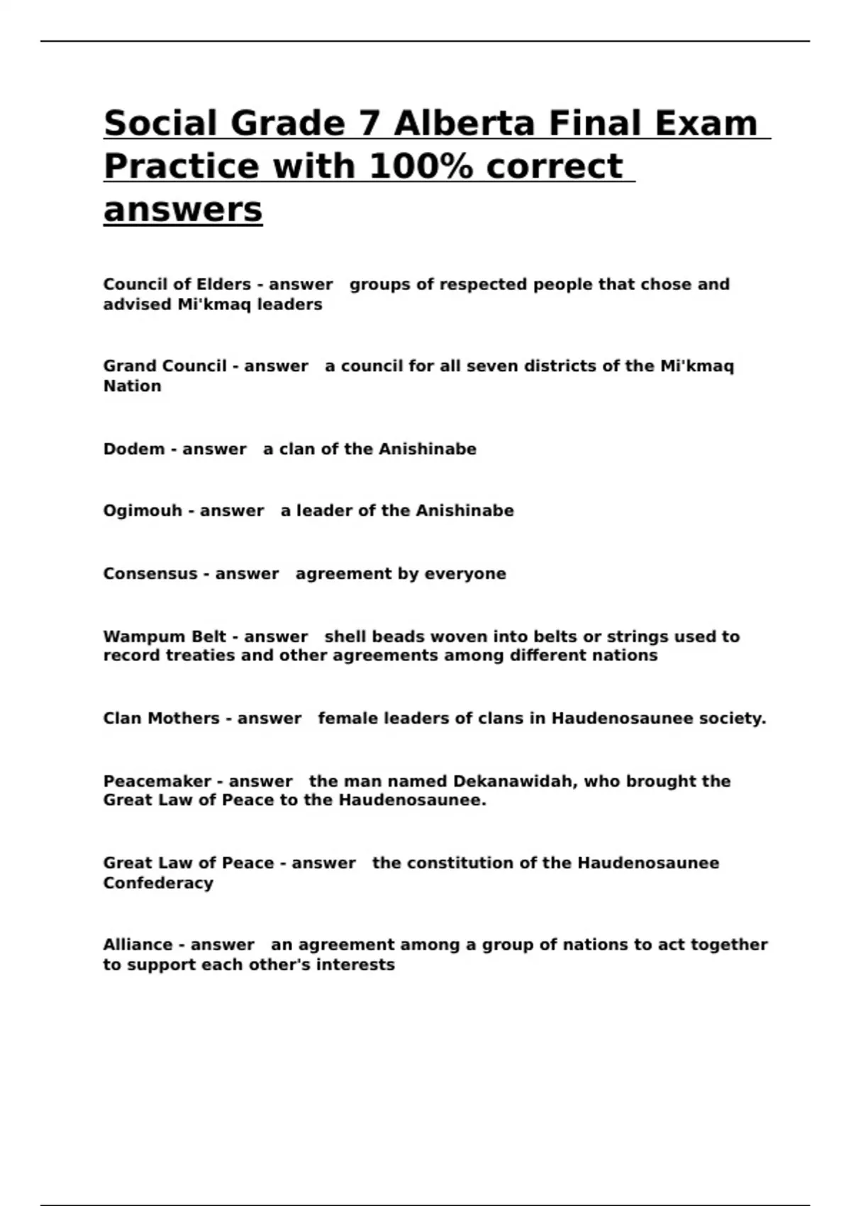 Social Grade 7 Alberta Final Exam Practice with 100- correct answers ...