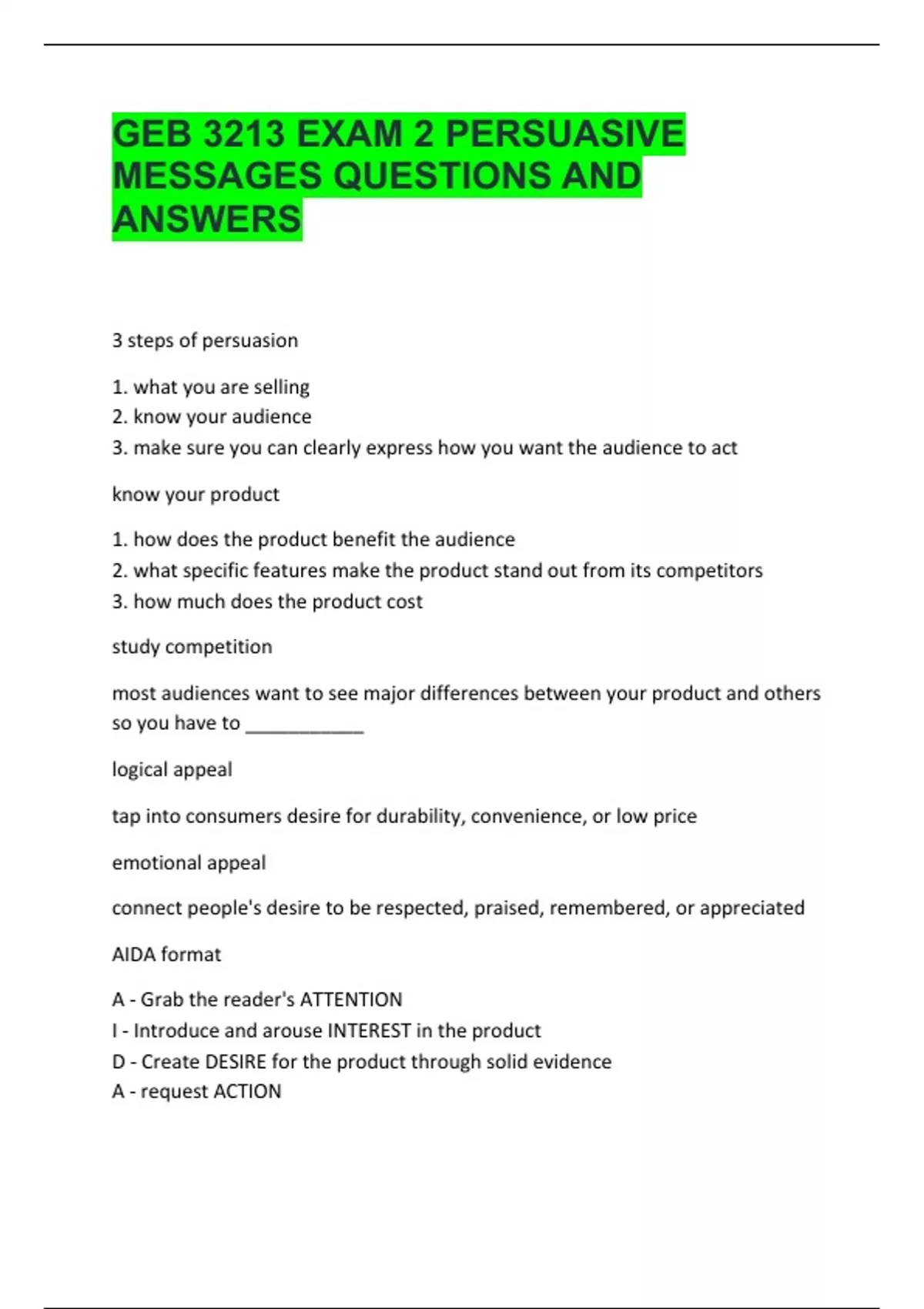 GEB 3213 EXAM 2 PERSUASIVE MESSAGES QUESTIONS AND ANSWERS - GEB 3213 ...