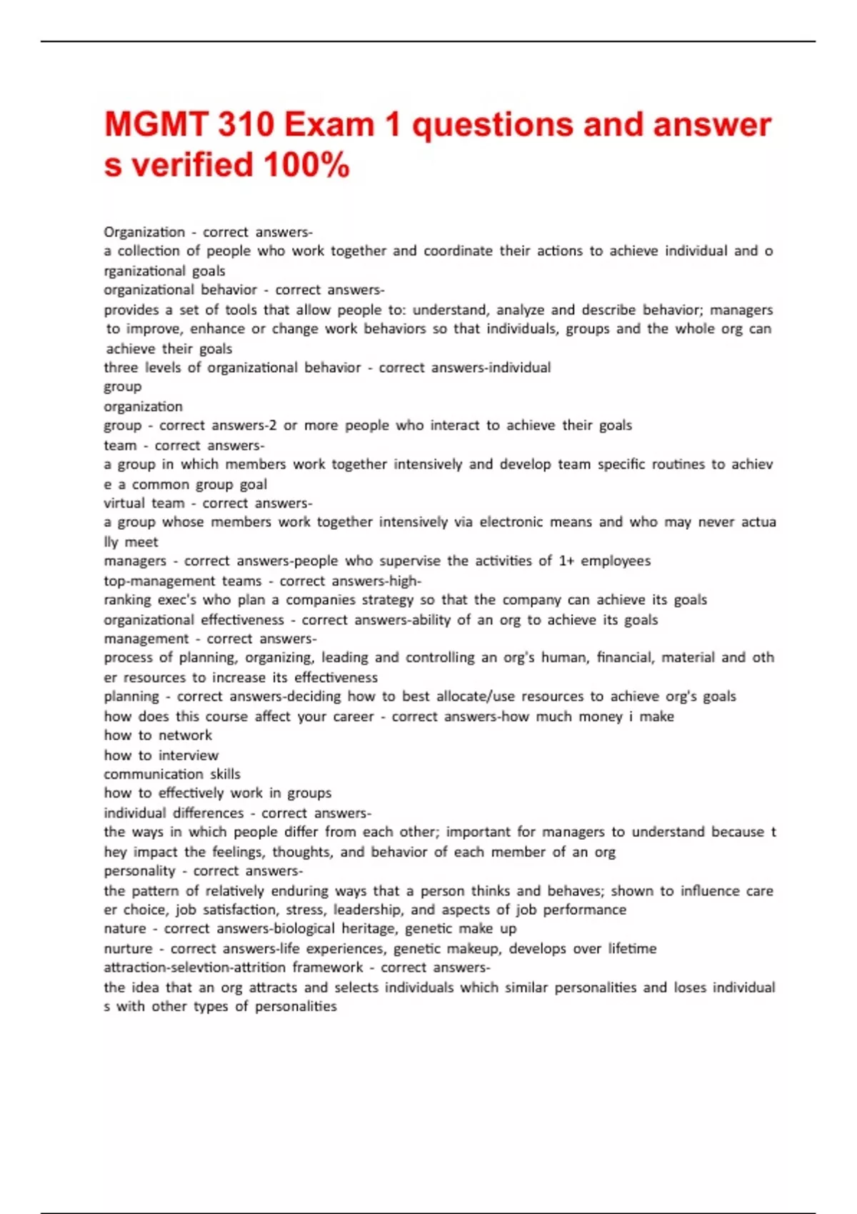 MGMT 310 Exam 1 questions and answers verified 100% - MGMT 310 - Stuvia US