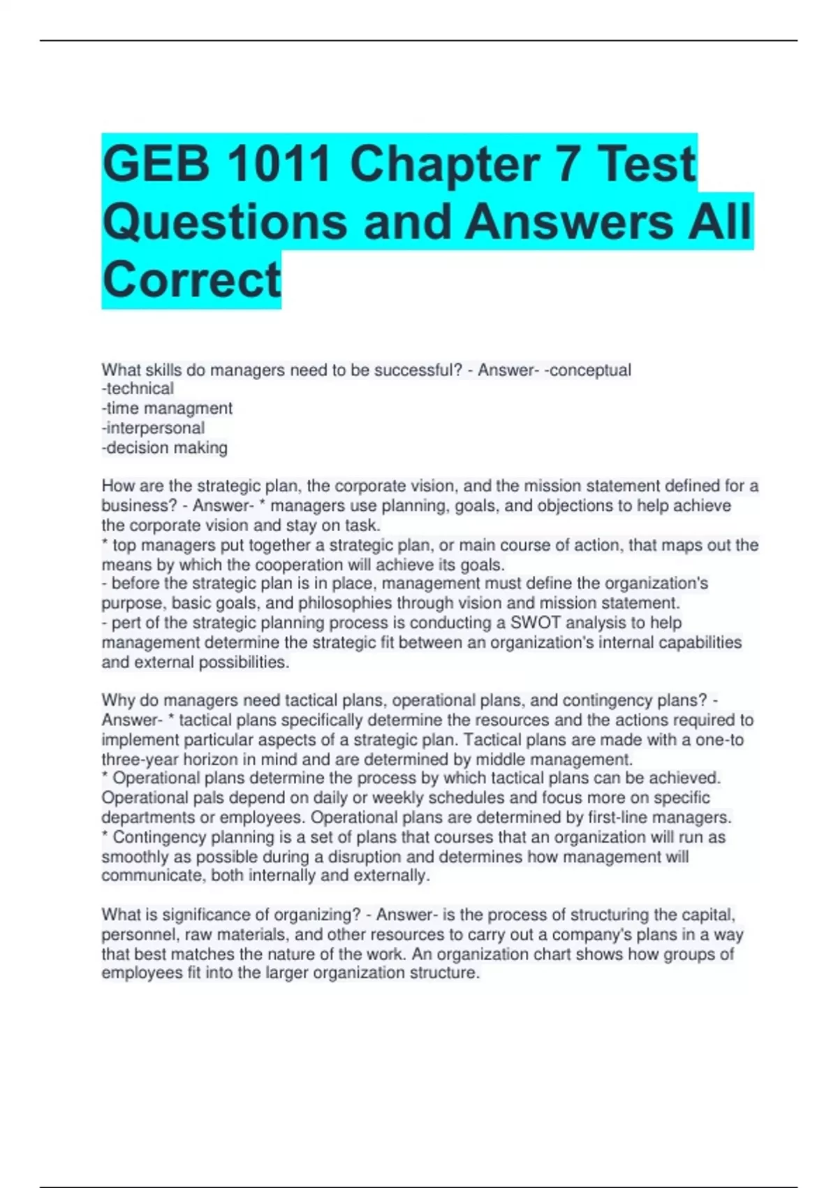 GEB 1011 Chapter 7 Test Questions and Answers All Correct - GEB 1011 ...