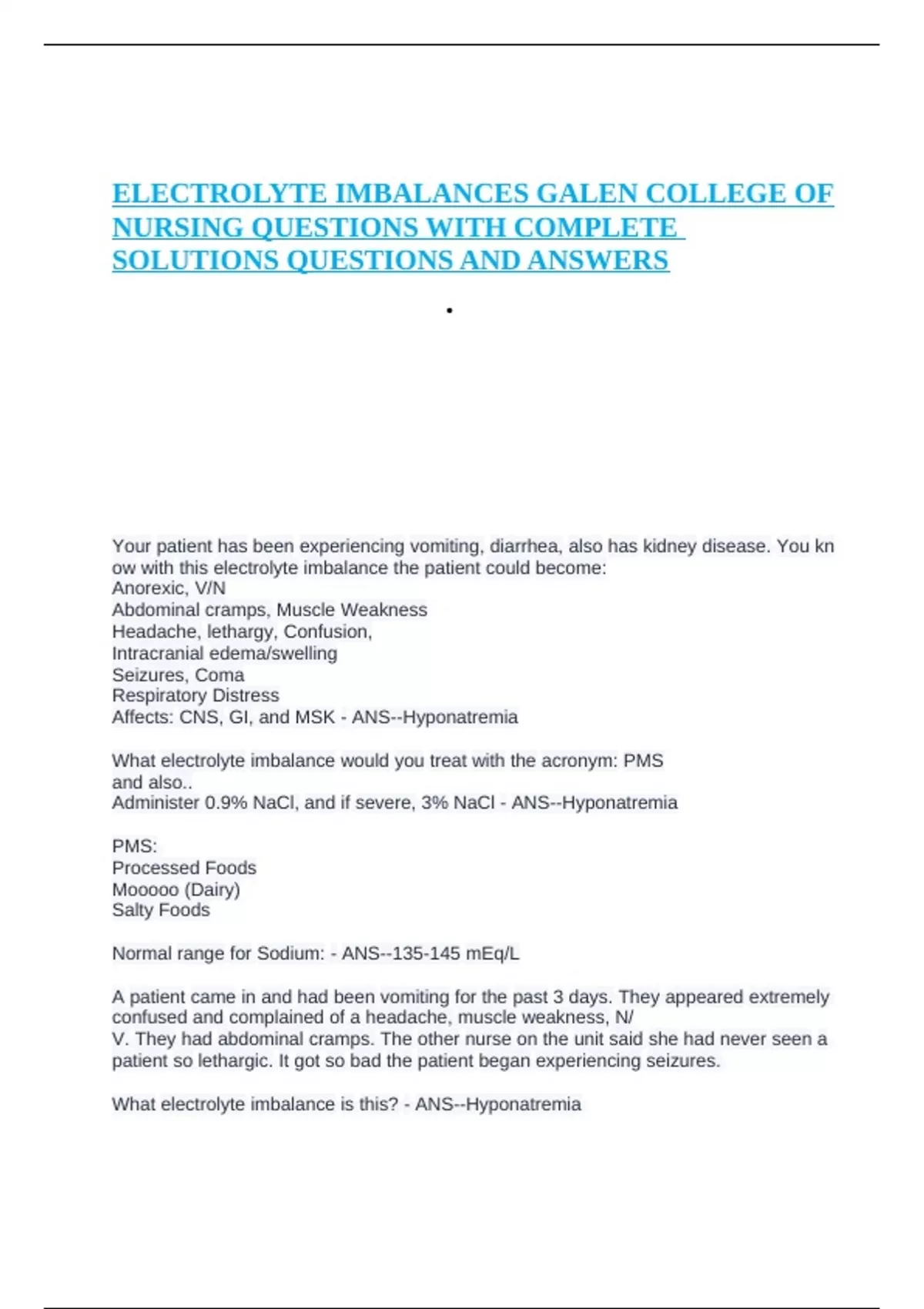 ELECTROLYTE IMBALANCES GALEN COLLEGE OF NURSING QUESTIONS WITH COMPLETE ...