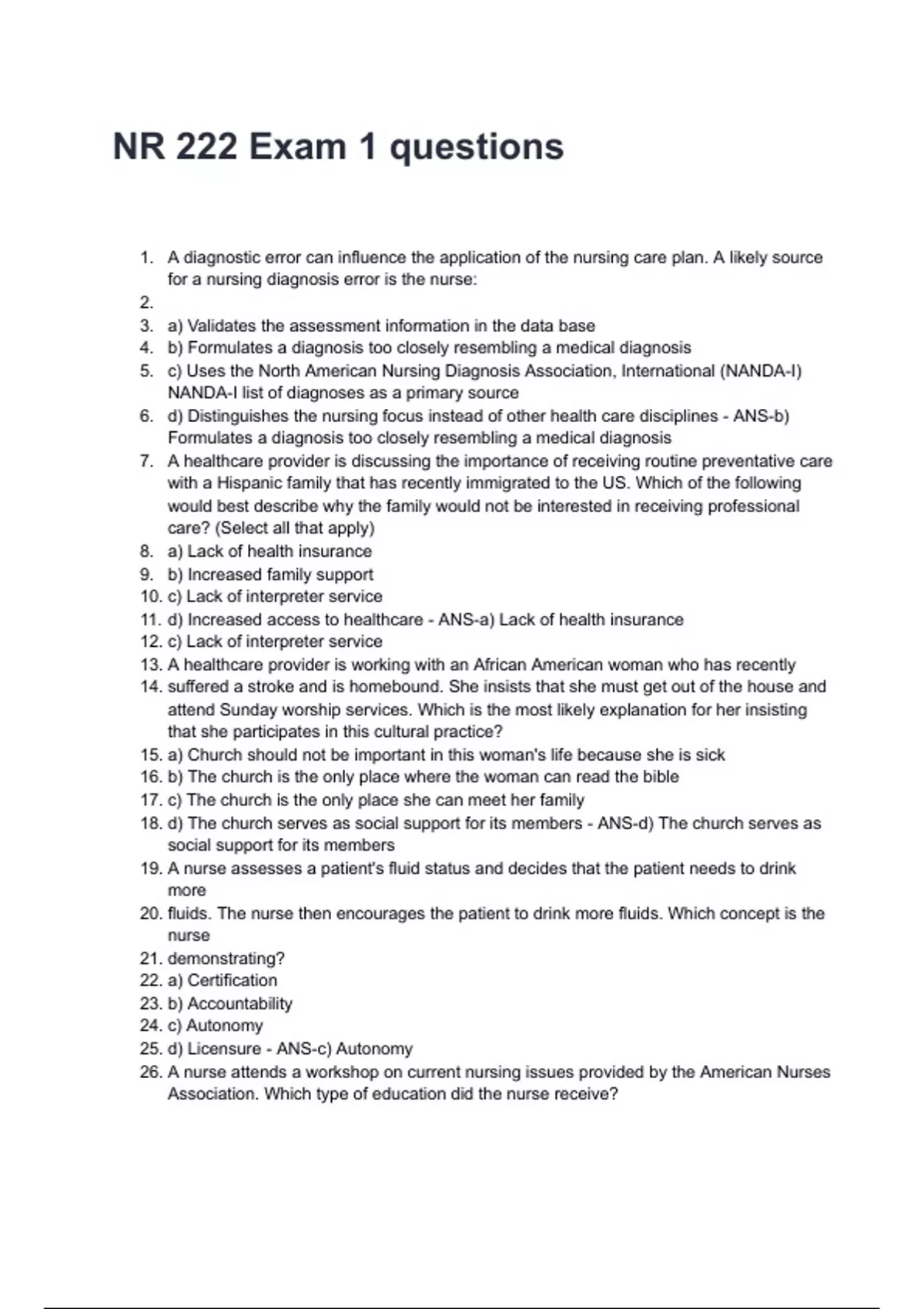 NR 222 Exam 1 questions and answers rated A+ 2025/2026 - NR 222 - Stuvia US