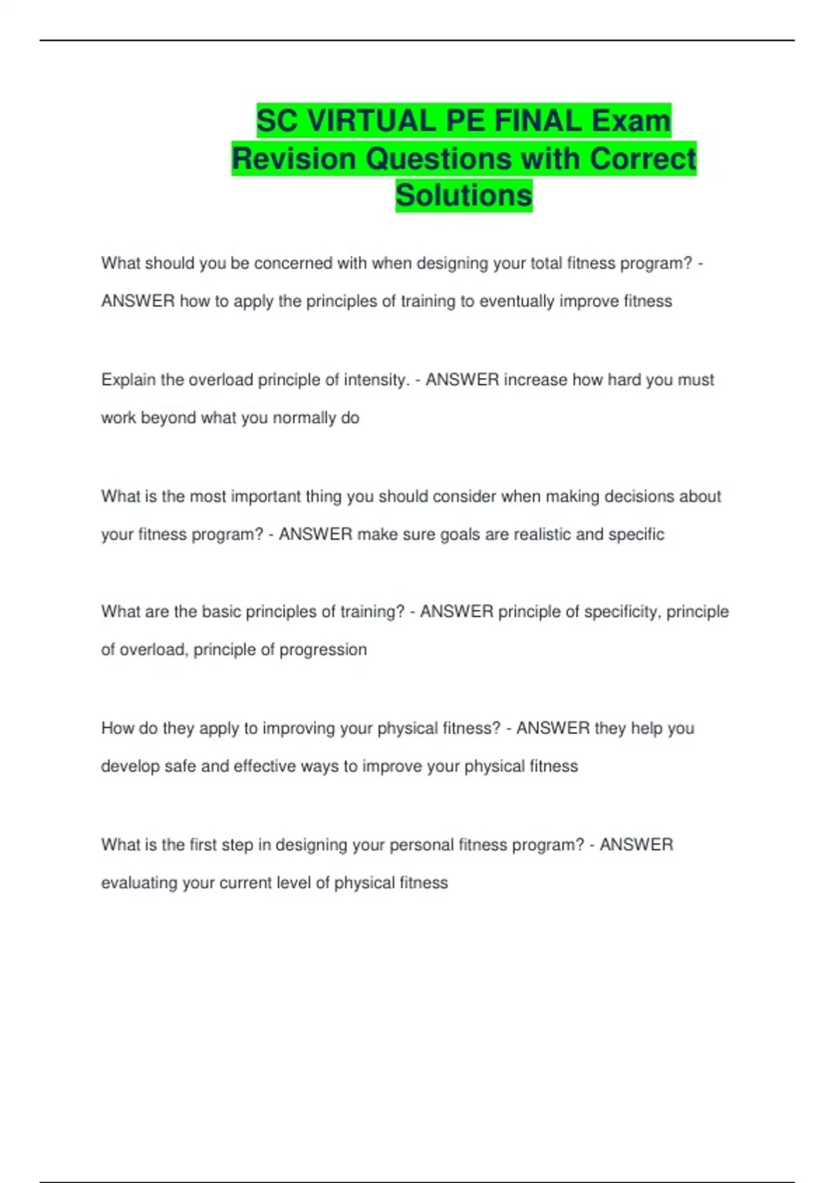 SC VIRTUAL PE FINAL Exam Revision Questions with Correct Solutions - SC ...