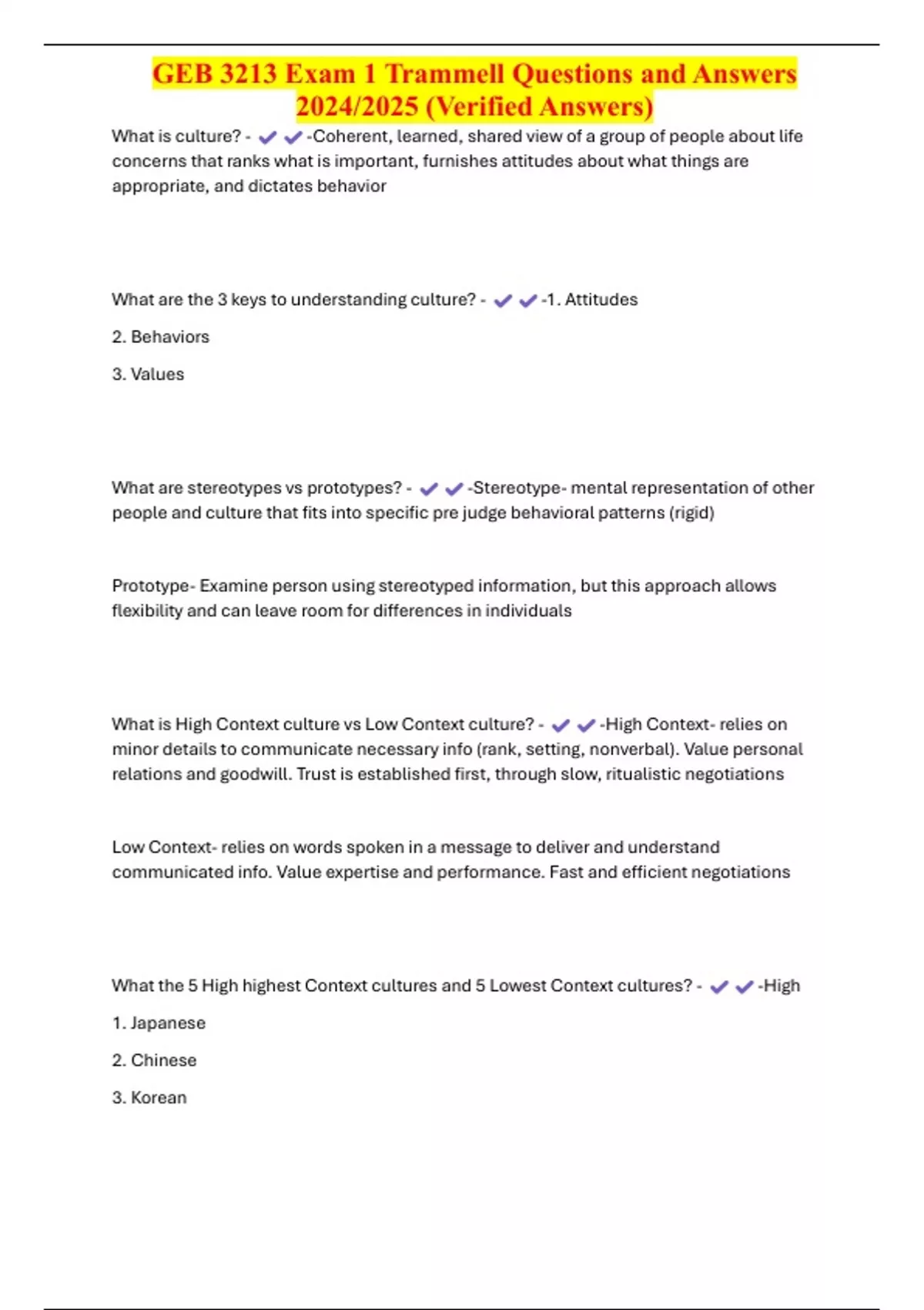 GEB 3213 Exam 1 Trammell Questions and Answers 2024/2025 (Verified ...