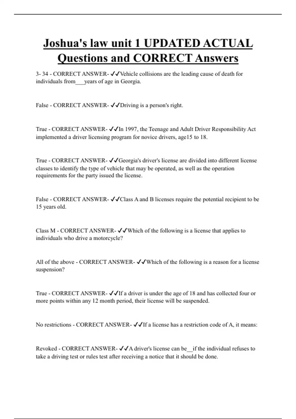 Joshua's law unit 1 UPDATED ACTUAL Questions and CORRECT Answers