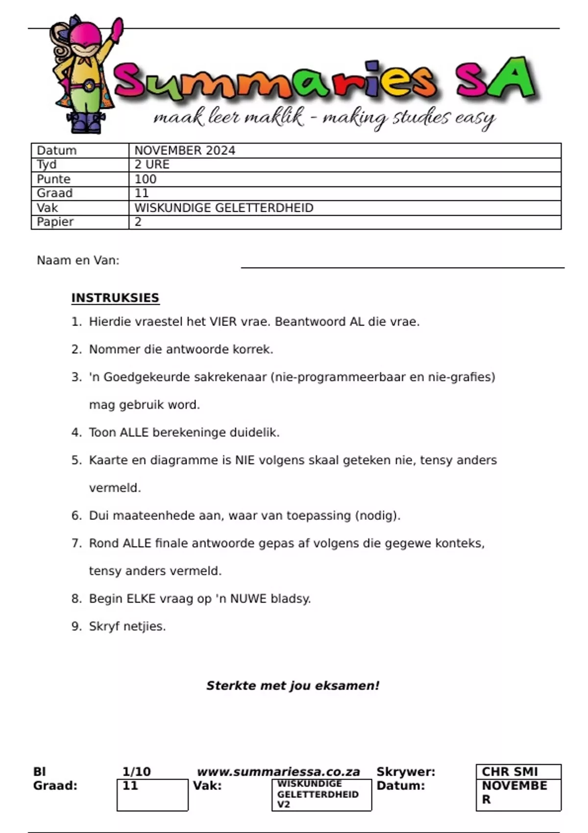 Graad 11 Wiskunde Geletterdheid (WISK GEL) November Vraestel 2 en Memo ...