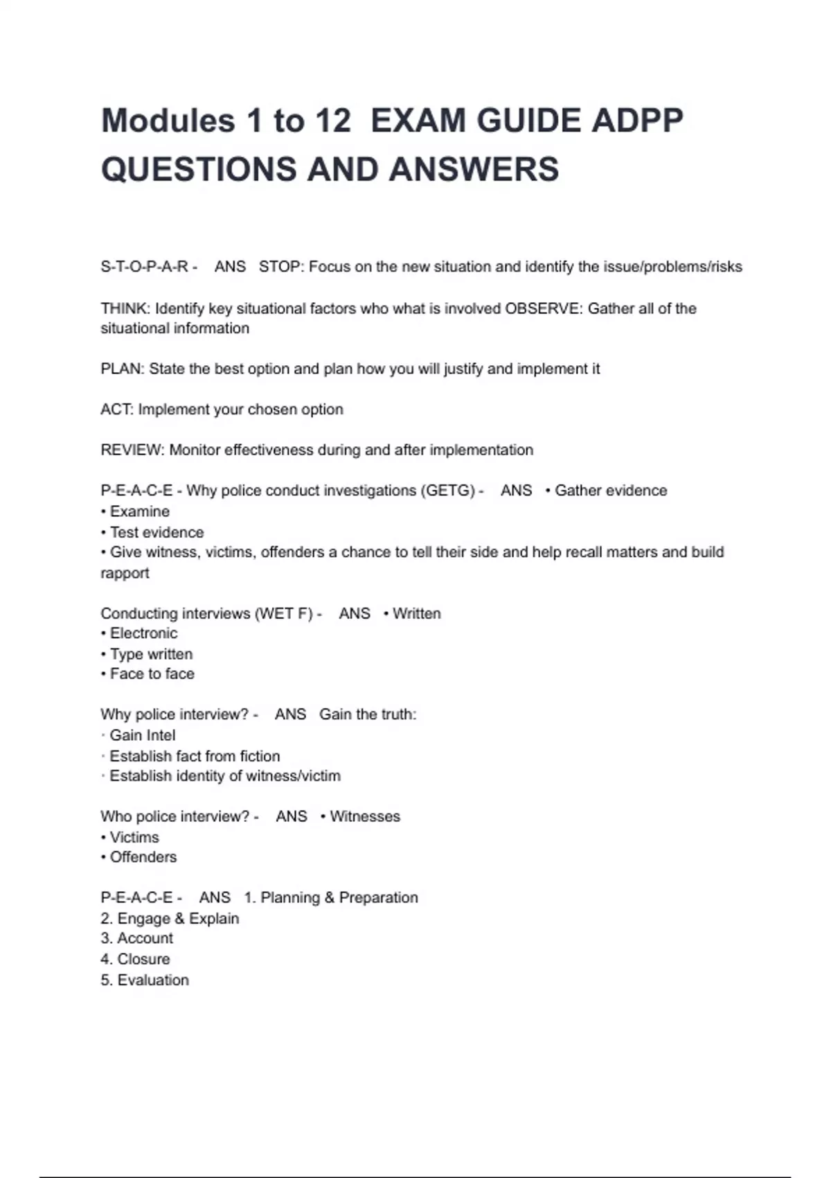 Modules 1 to 12 EXAM GUIDE ADPP QUESTIONS AND ANSWERS - ADPP - Stuvia US