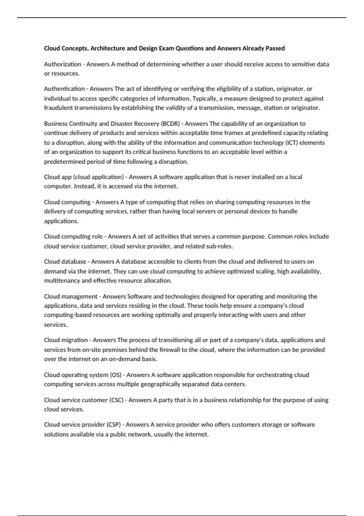 Cloud Concepts, Architecture and Design Exam Questions and Answers