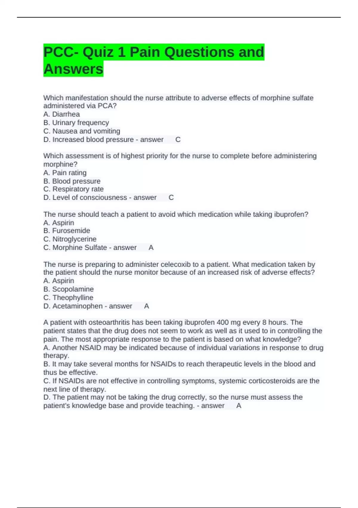 Pcc Question Examples PCC- Quiz 1 Pain Questions and Answers - Pcc - Stuvia US