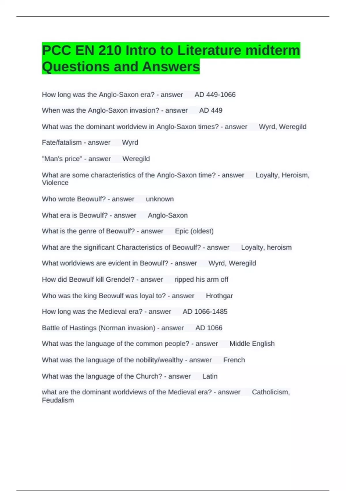 Pcc Question Examples PCC EN 210 Intro to Literature midterm Questions and Answers - Pcc ...