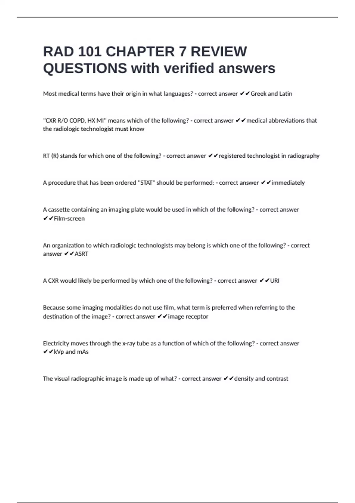 RAD 101 CHAPTER 7 REVIEW QUESTIONS with verified answers - RAD101 ...