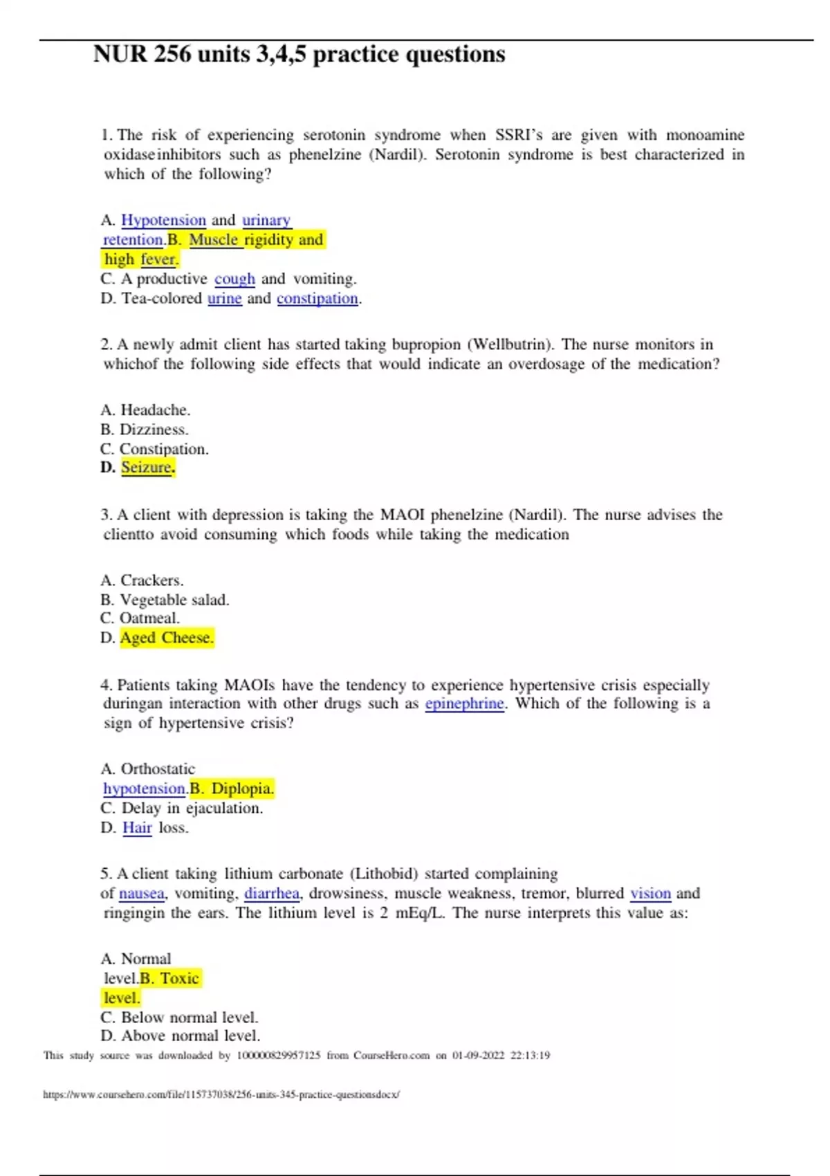 NUR 256 units 3,4,5 practice questions and Answers (100% CORRECT) - NUR ...
