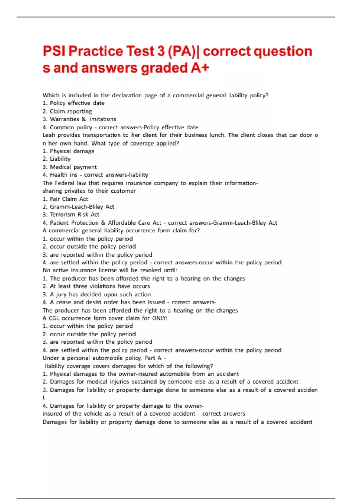 Psi Test Example PSI Practice Test 3 (PA)| correct questions and answers graded A+ - PSI ...