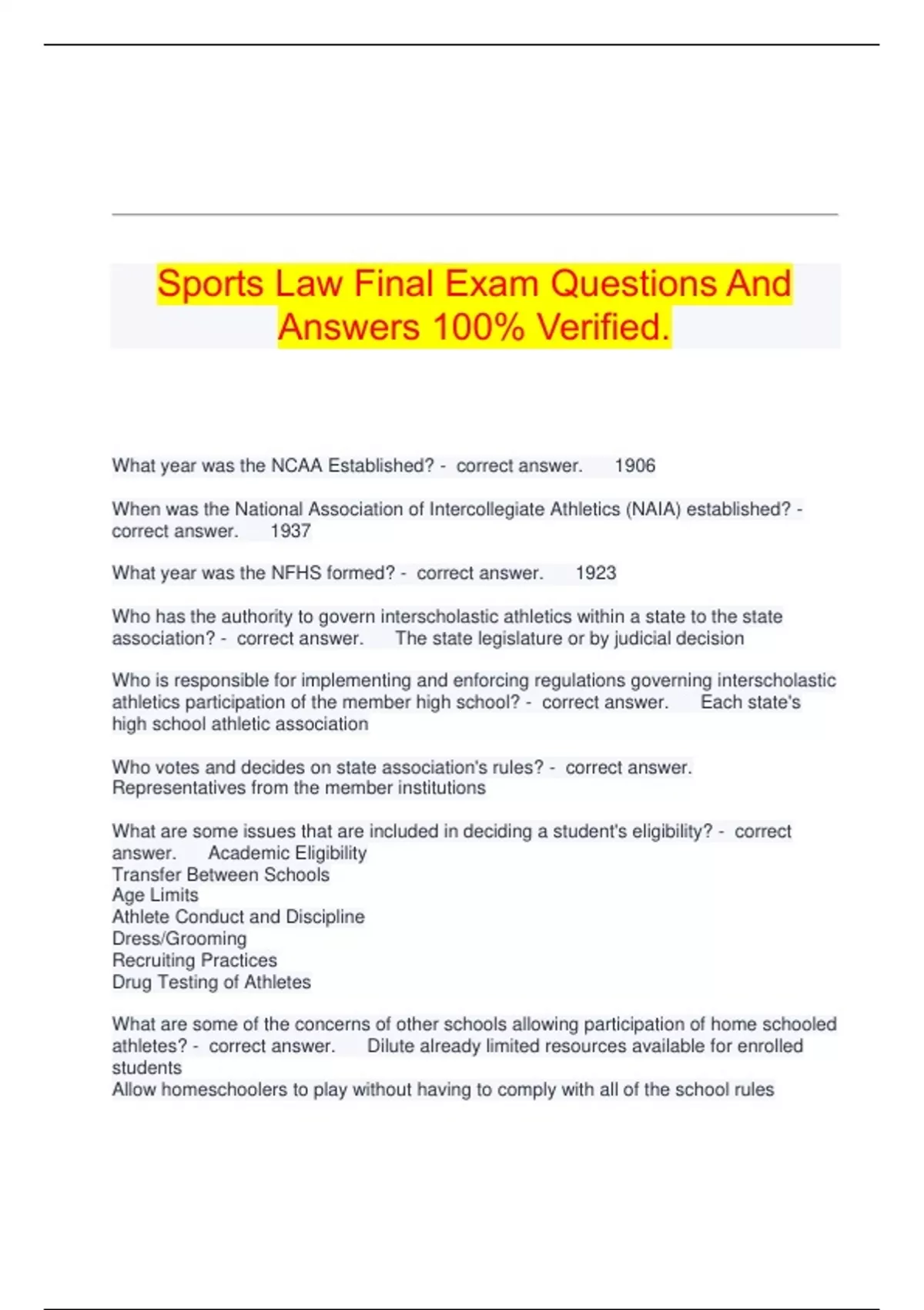 Sports Law Final Exam Questions And Answers 100% Verified. - Sports Law ...