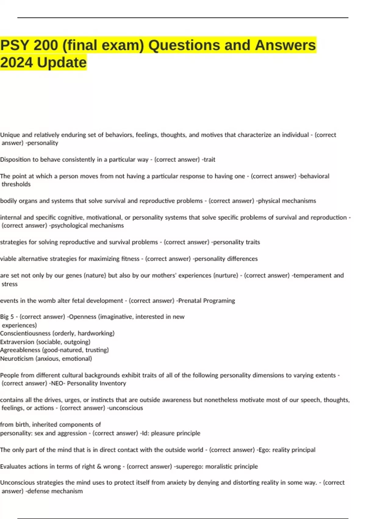 PSY 200 (final exam) Questions and Answers 2024 Update. - Psy 200 ...