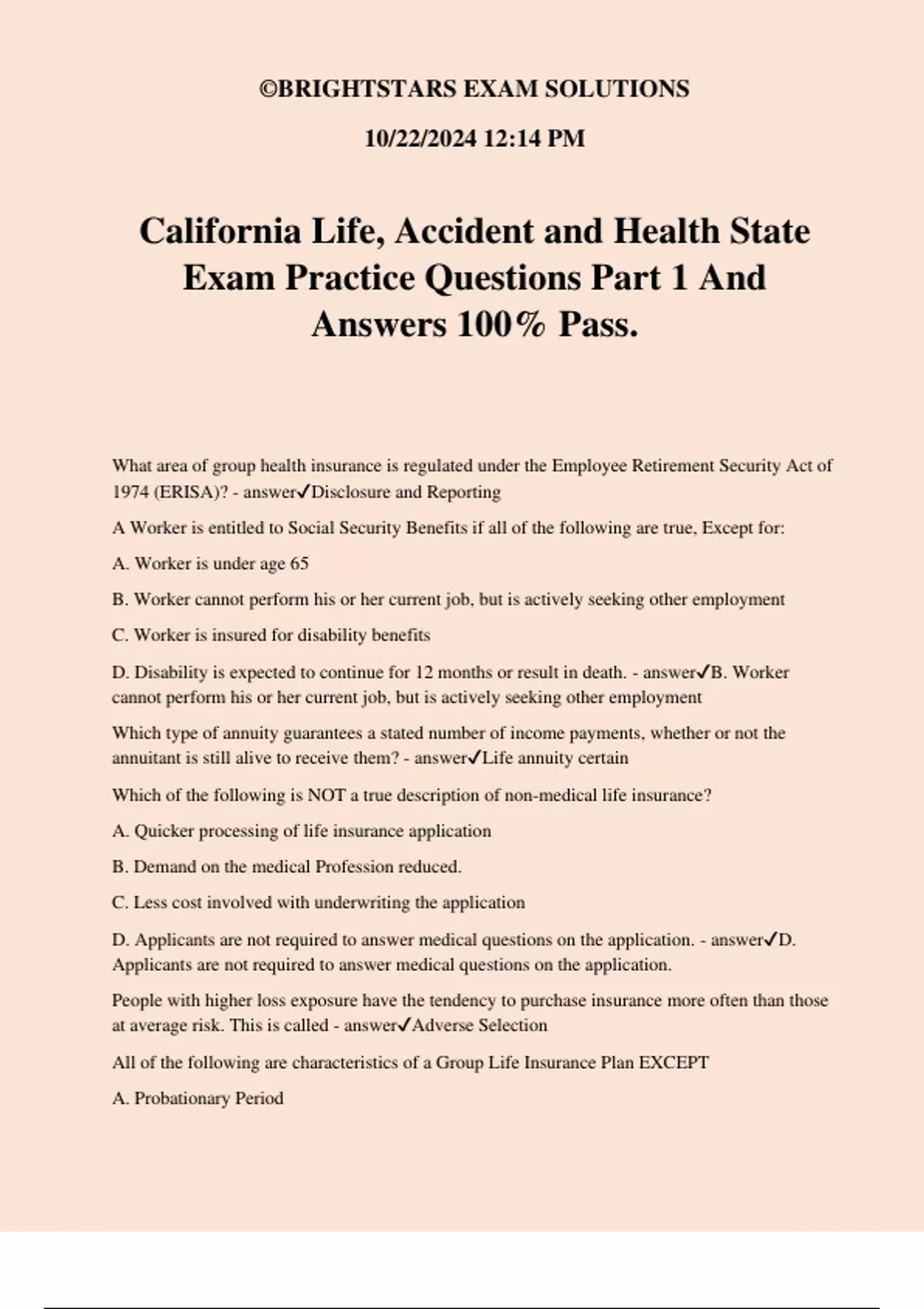 California Life Accident And Health State Exam Practice Questions Part