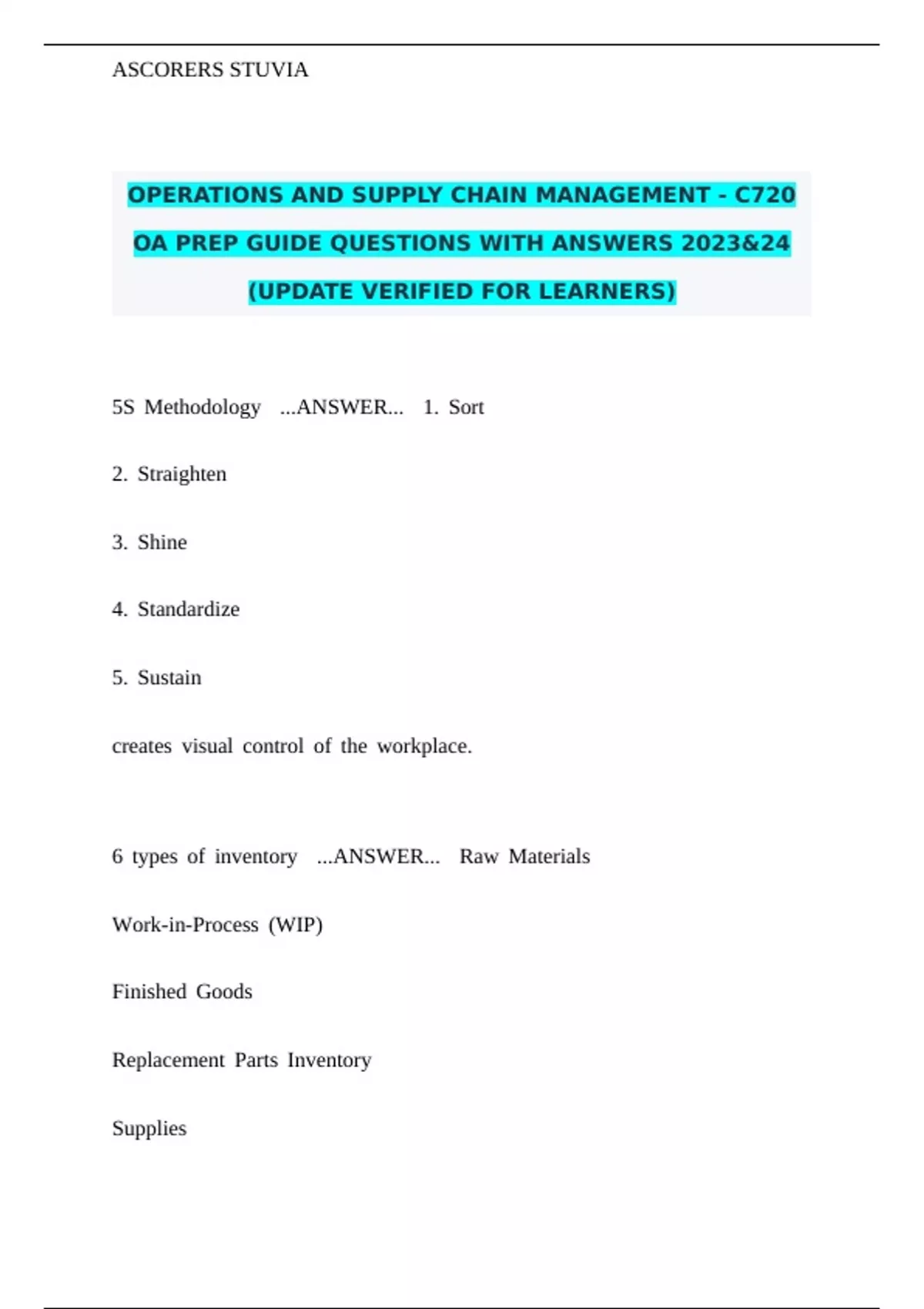 OPERATIONS AND SUPPLY CHAIN MANAGEMENT - C720 OA PREP GUIDE QUESTIONS ...