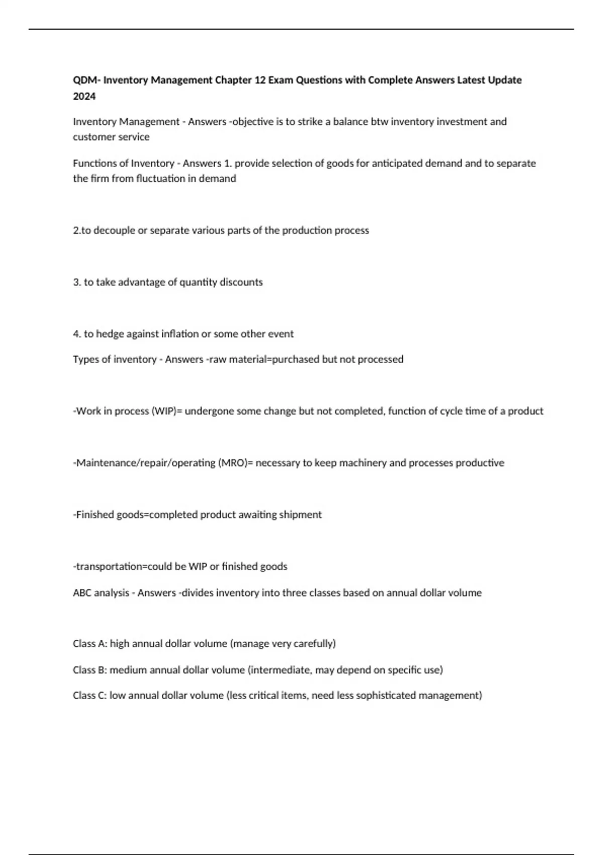QDM Inventory Management Chapter 12 Exam Questions with Complete