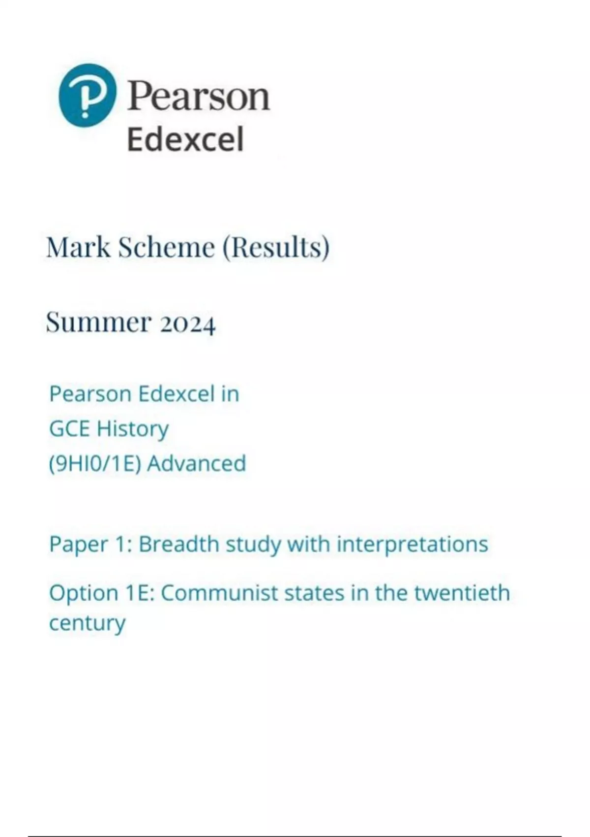 Pearson Edexcel A Level HISTORY Paper 1 option 1e (9hio-1e) June 2025 ...