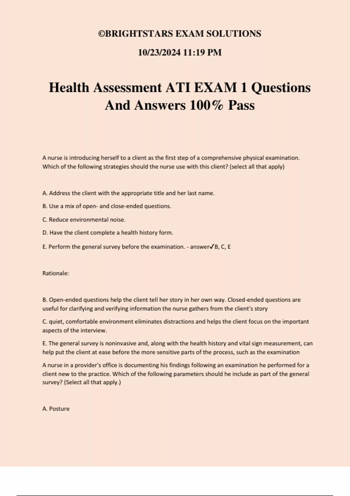 Health Assessment ATI EXAM 1 Questions And Answers 100% Pass - Health ...