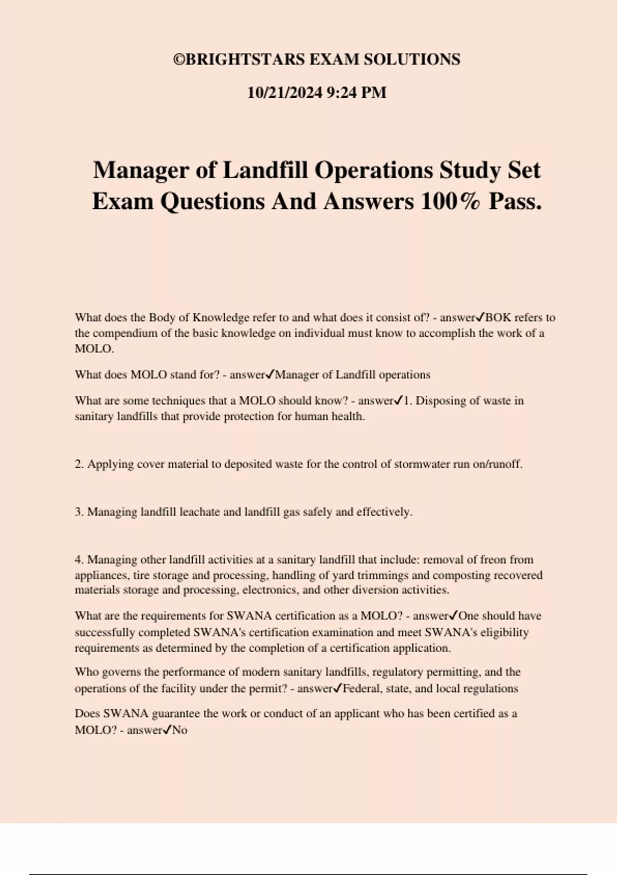 Manager of Landfill Operations Study Set Exam Questions And Answers 100 ...