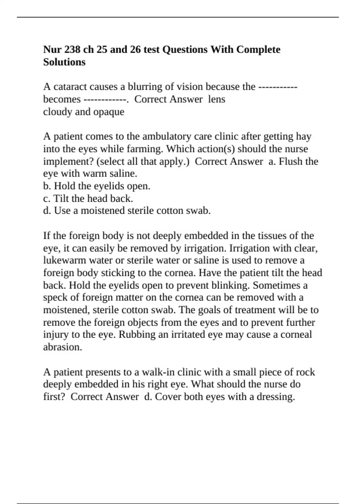 Nur 238 ch 25 and 26 test Questions With Complete Solutions - Nur 238 ...