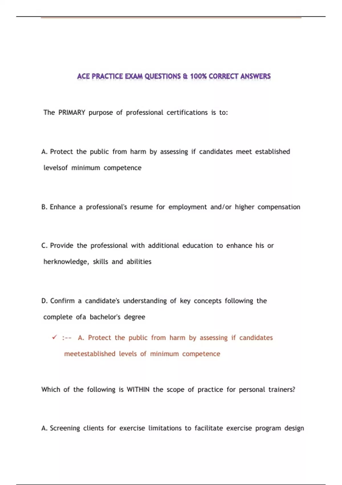 ACE PRACTICE EXAM QUESTIONS & 100% CORRECT ANSWERS - ACE - Stuvia US